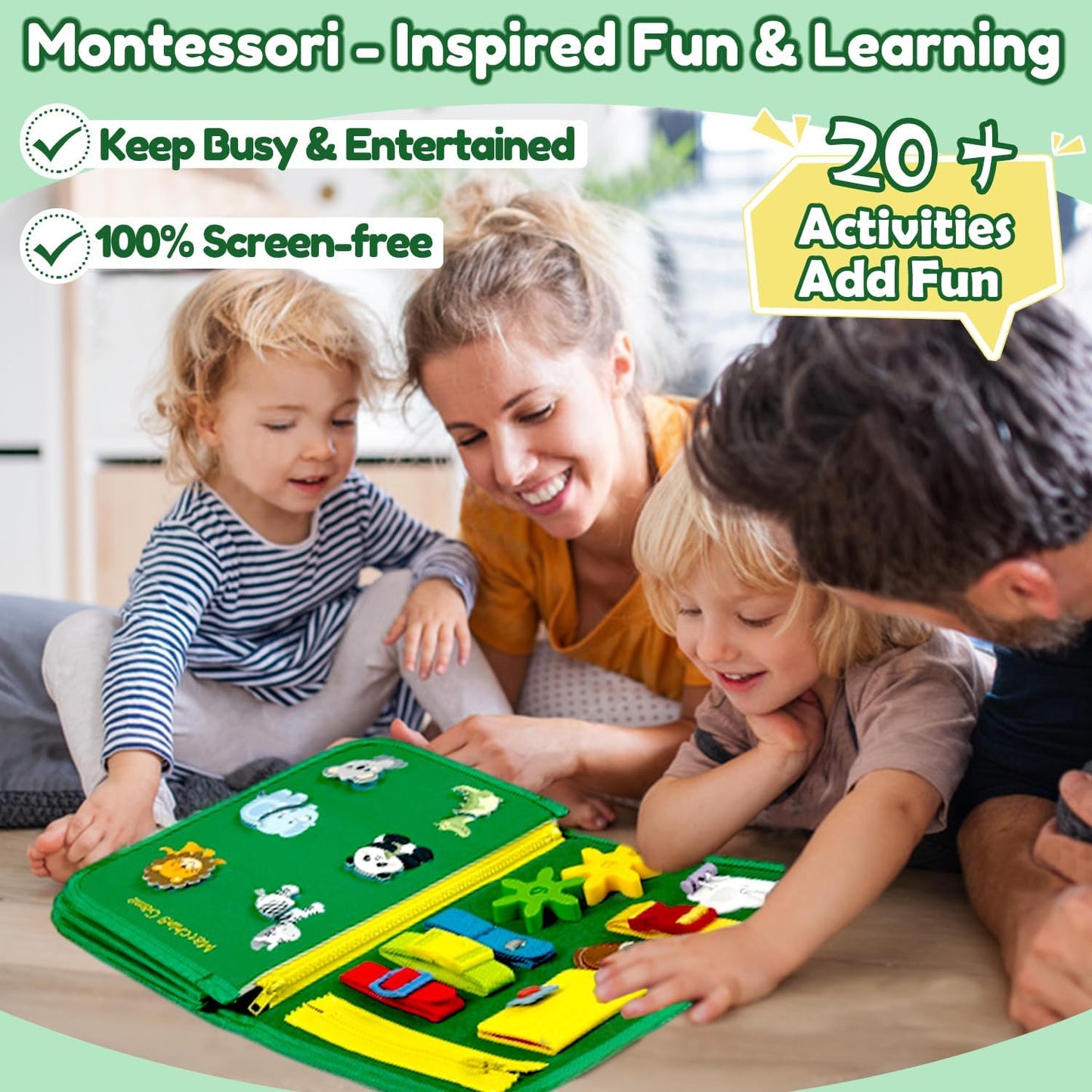 Qizfun Busy Board Book Montessori Toys for 1 2 3 4 Year Old, Boy Girl Birthday Gifts, Educational Sensory Learning Toys for Toddlers 1-3, Car Airplane Travel Activities Toys for Kids Ages 2-4 Year Old