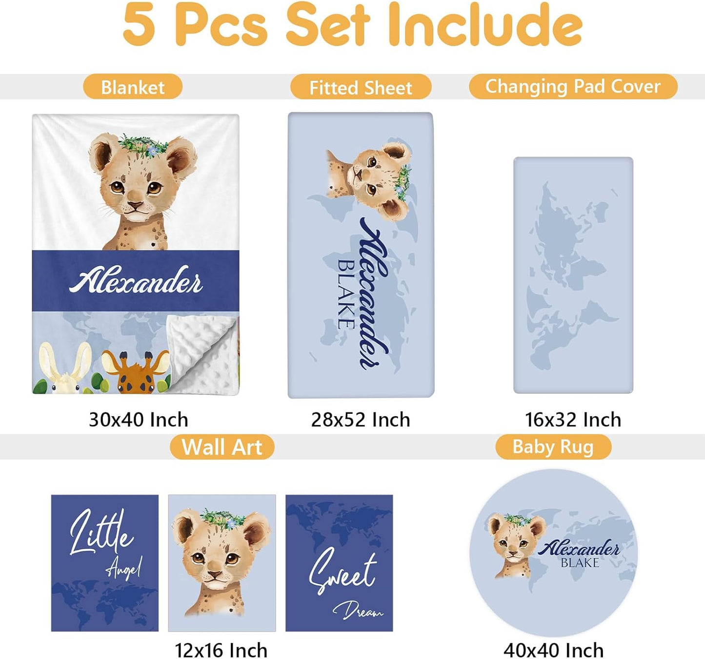 Personalized Baby Crib Bedding Set, 5 Pcs Custom Name Nursery Bedding Set, Deep Blue Leopard Baby Bedding Set for Boys, Double Layer Baby Crib Sets, Customized Gifts for Toddlers Kids Infants