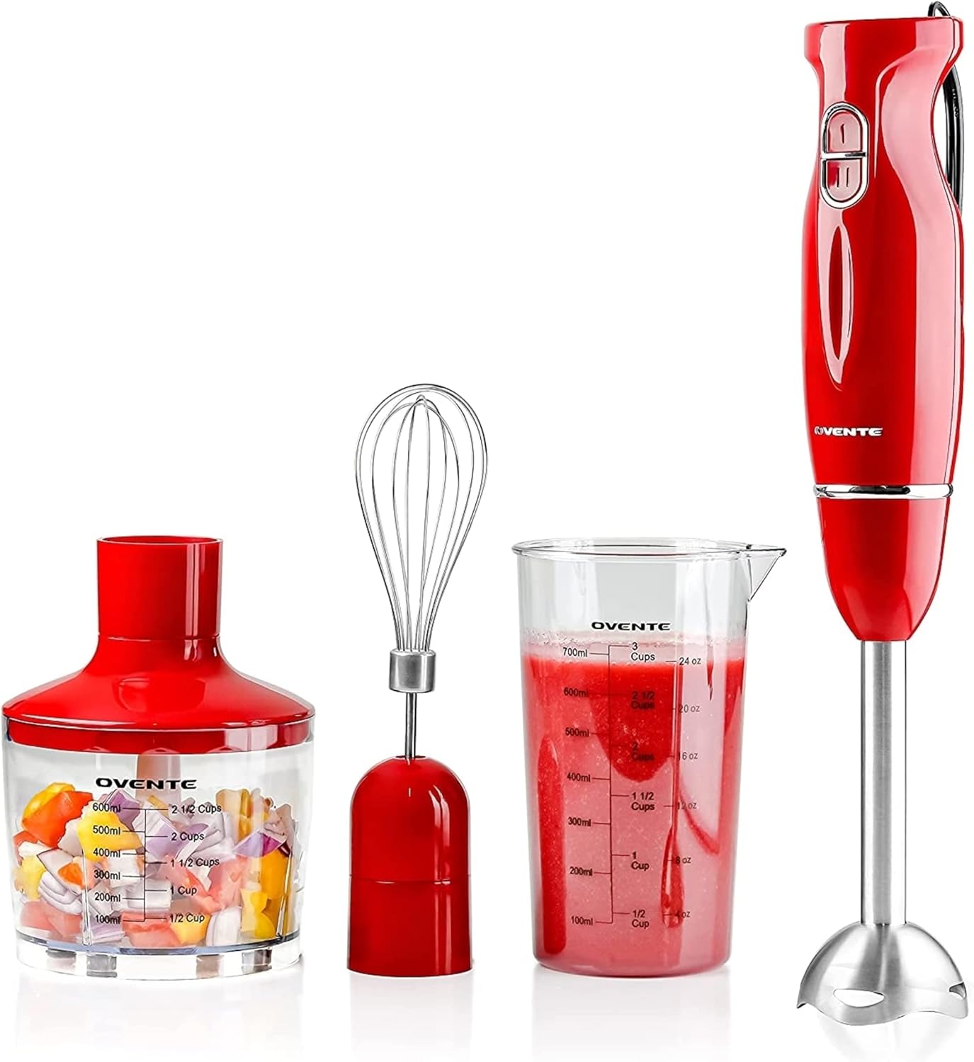 OVENTE Immersion Hand Blender, 300W Electric Handheld Portable Stick Mixer Set with 2 Mixing Speed, Stainless Steel Blades, Egg Whisk Attachment, Mixing Beaker and BPA-Free Food Chopper, Red HS565R