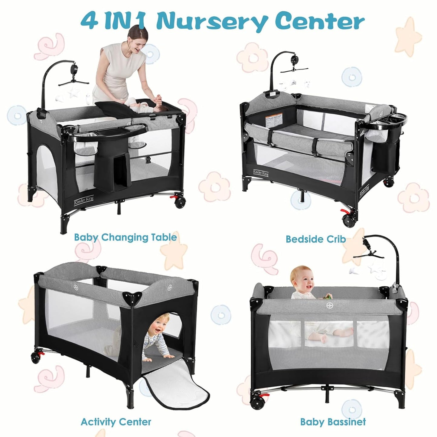 Kinder King 4 in 1 Portable Nursery Center, Foldable Baby Bedside Crib w/Bassinet, Infant Pack n Play Playard Toddler Large Playpen, Newborn Changing Table, Storage Basket, Side Zipper