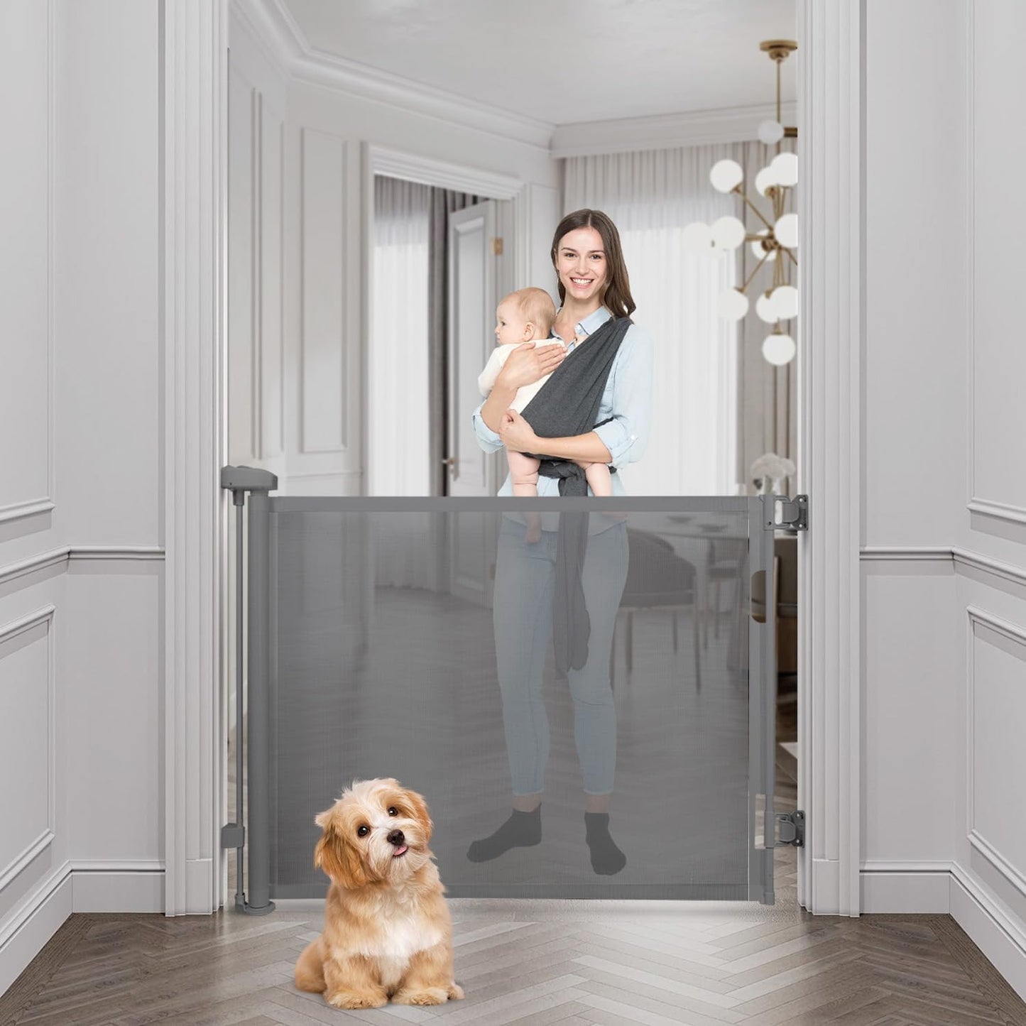 Retractable Baby Gate,Mesh Baby Gate or Mesh Dog Gate,33" Tall,Extends up to 55" Wide,Child Safety Gate for Doorways, Stairs, Hallways, Indoor/Outdoor, Grey