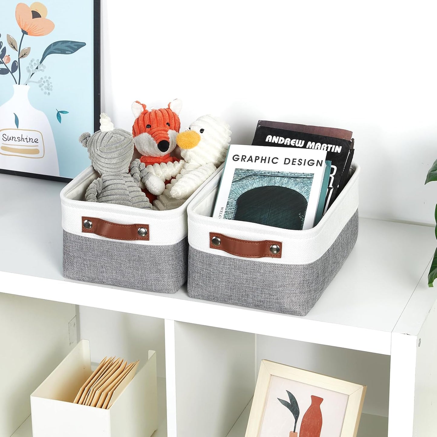 DULLEMELO Storage Baskets for Shelves, Small Fabric Storage Bins with Handles, Decorative Foldable closet storage baskets for organizing shelves(White&Grey, 2 Pack)