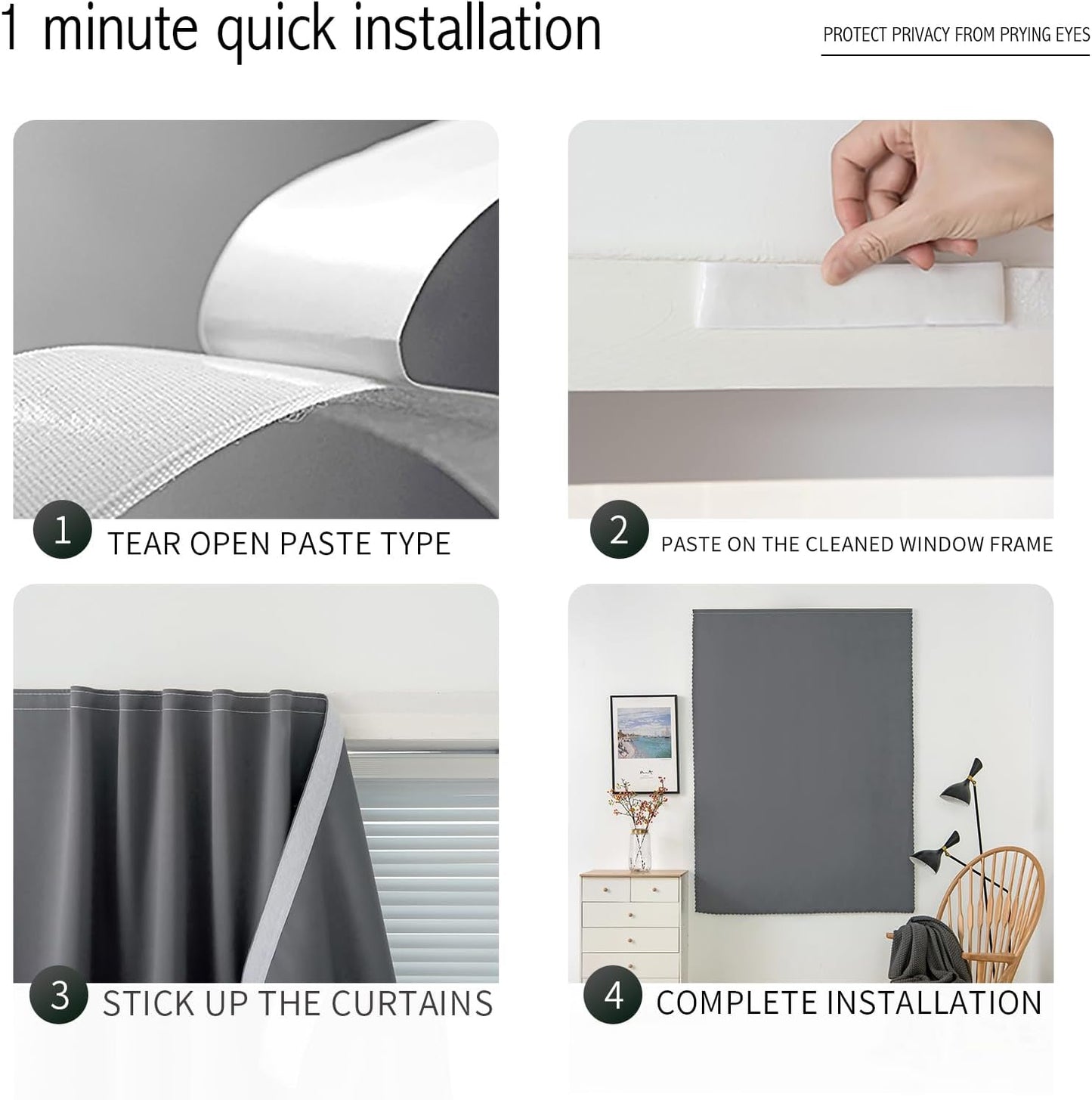 Magic Tape Stick On Curtains Window Shades Pull Down Blackout Window Cover Blackout Curtains for Bedroom No Drillng Self Adhesive Curtains No Rod Small Curtain, 47" W X 59" L, Grey, 1 Panel