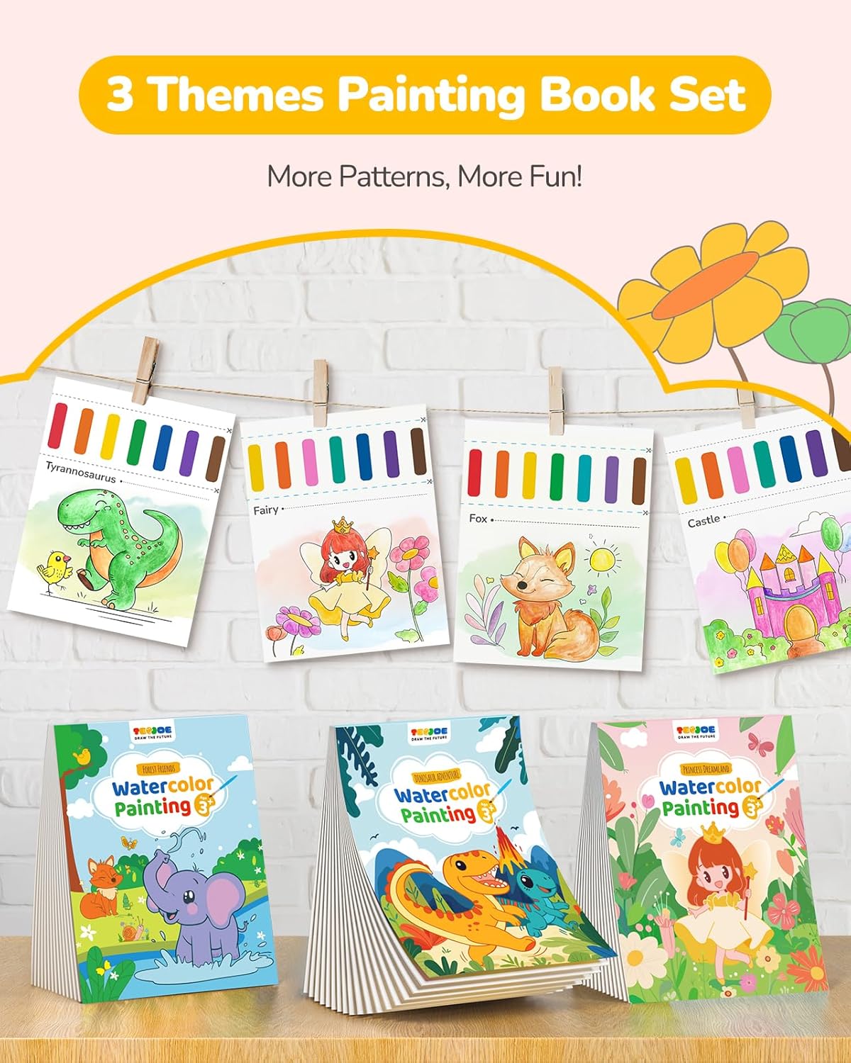 TECJOE 3 Pack Paint With Water Coloring Books for Toddlers, Watercolor Paint Set with 6 Brushes, Painting Activity for Kids Ages 4-8, Christmas Gift arts & Crafts Toy, Princess, Dinosaur & Forest