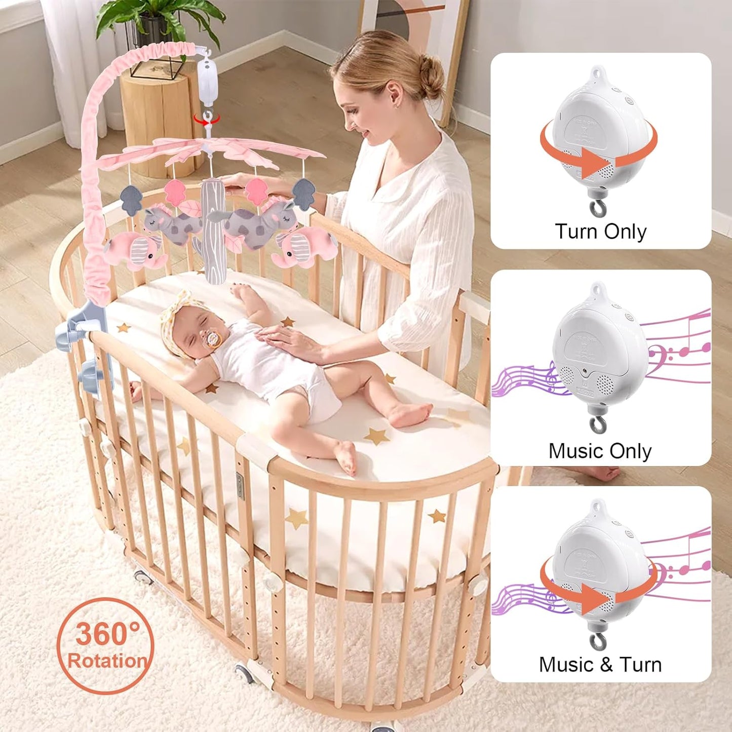 Upgraded Blublu Park Musical Mobile for Crib, Baby Crib Mobile with Hanging Rotating Toys Woodland Nursery Decor for Newborn Baby Boys Girls, Digital Music Box with 3 Modes, 12 Lullabies (Pink)