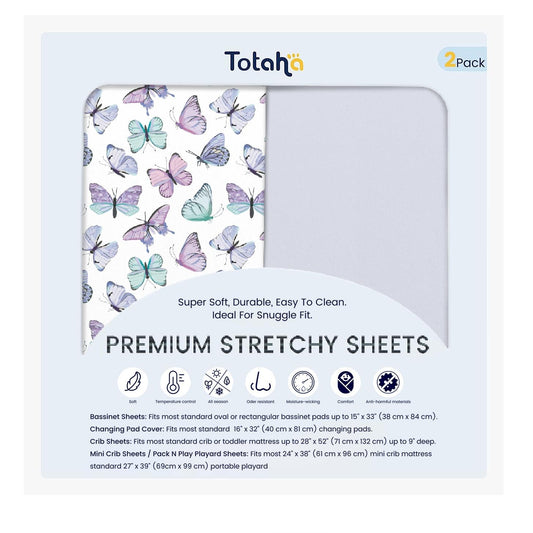 TotAha Premium Stretchy Changing Pad Cover, Buttery Soft Diaper Changing Pad Covers for Girls Boys, Super Stretchy Jersey Knit Changing Table Covers2-Pack, Purple Butterfly