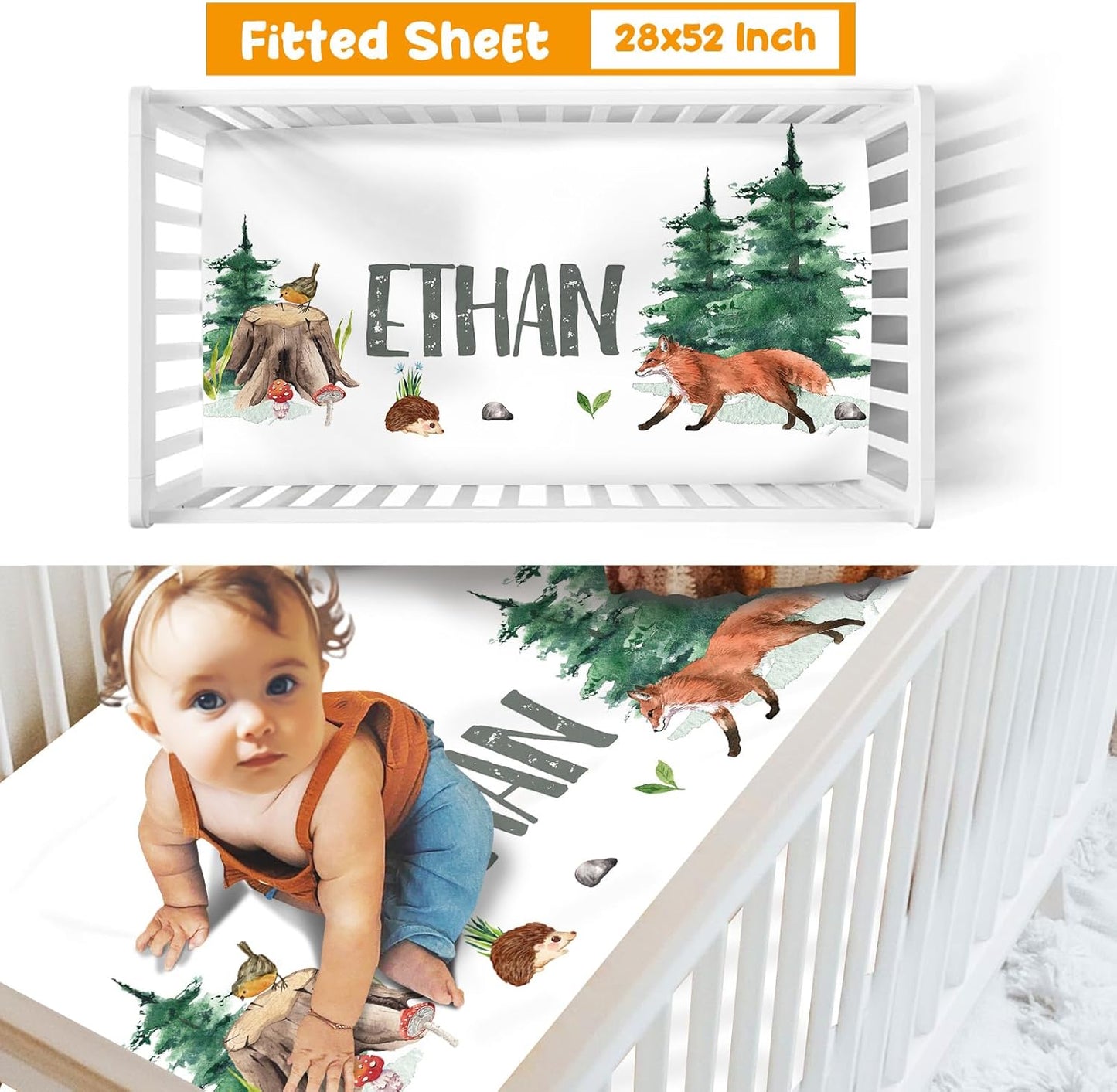 Custom Crib Bedding Set - Woodland Animals Design Personalized Name Baby Nursery Bed 3 Pcs Set - Chic Soft Blanket with Dotted Backing, Sheet, Pillowcase for Newborn Girls Boys Gifts Color13