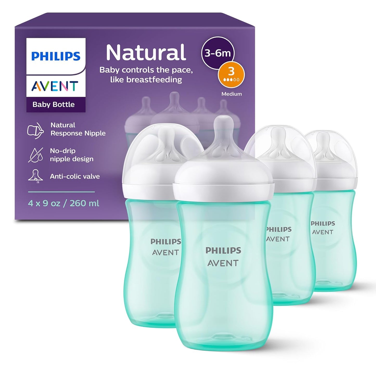 Philips Avent Natural Baby Bottles with Natural Response Nipples (Medium Flow, Flow 3), 9oz, Teal, 4-Pack, SCY903/44