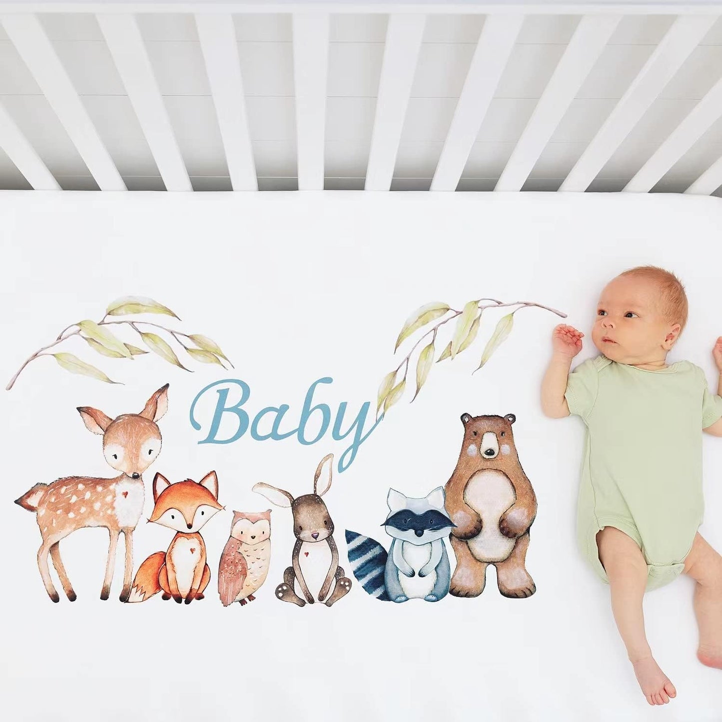 PINNKKU 3-Piece Crib Bedding Set for Boys, Includes Crib Skirt, Blanket, Sheet, Woodland Animals, Standard Size