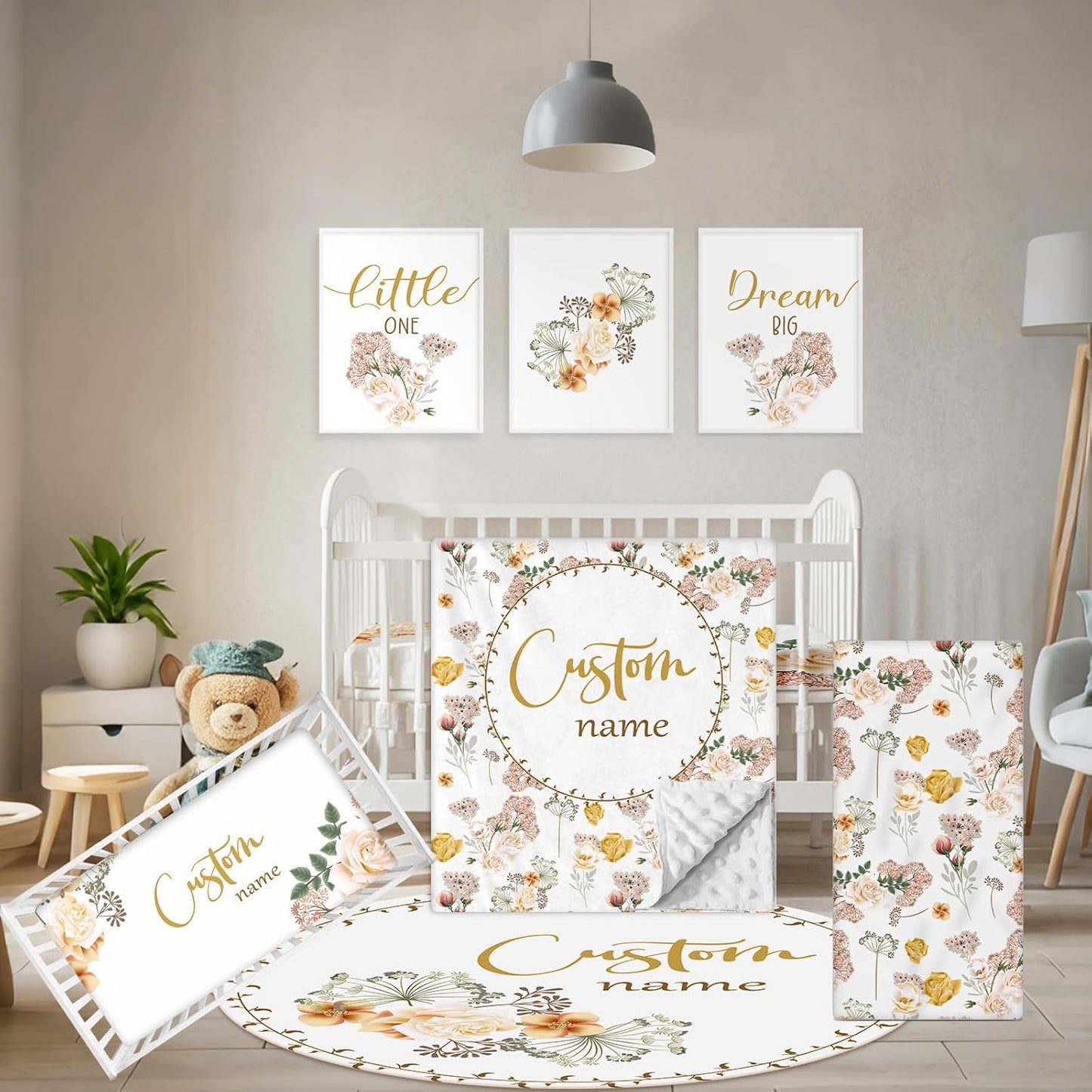 Personalized Baby Crib Bedding Set, 5 Pcs Custom Name Nursery Bedding Set, Yellow Flower Baby Bedding Set for Girl Boy, Double Layer Baby Crib Sets, Customized Gifts for Toddlers Kids Infants