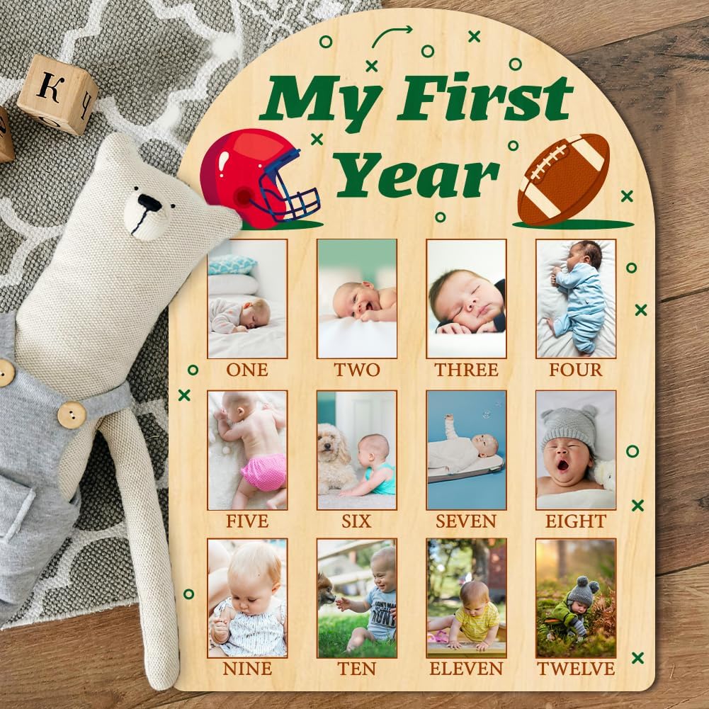 ORIGACH My First Year Baby Growth Photo Display Wood Board - 12 Months Newborn Milestones Photo Board - Neutral Baby Keepsake Frame 1st Birthday Party Nursery Decor New Mom Gift - Football