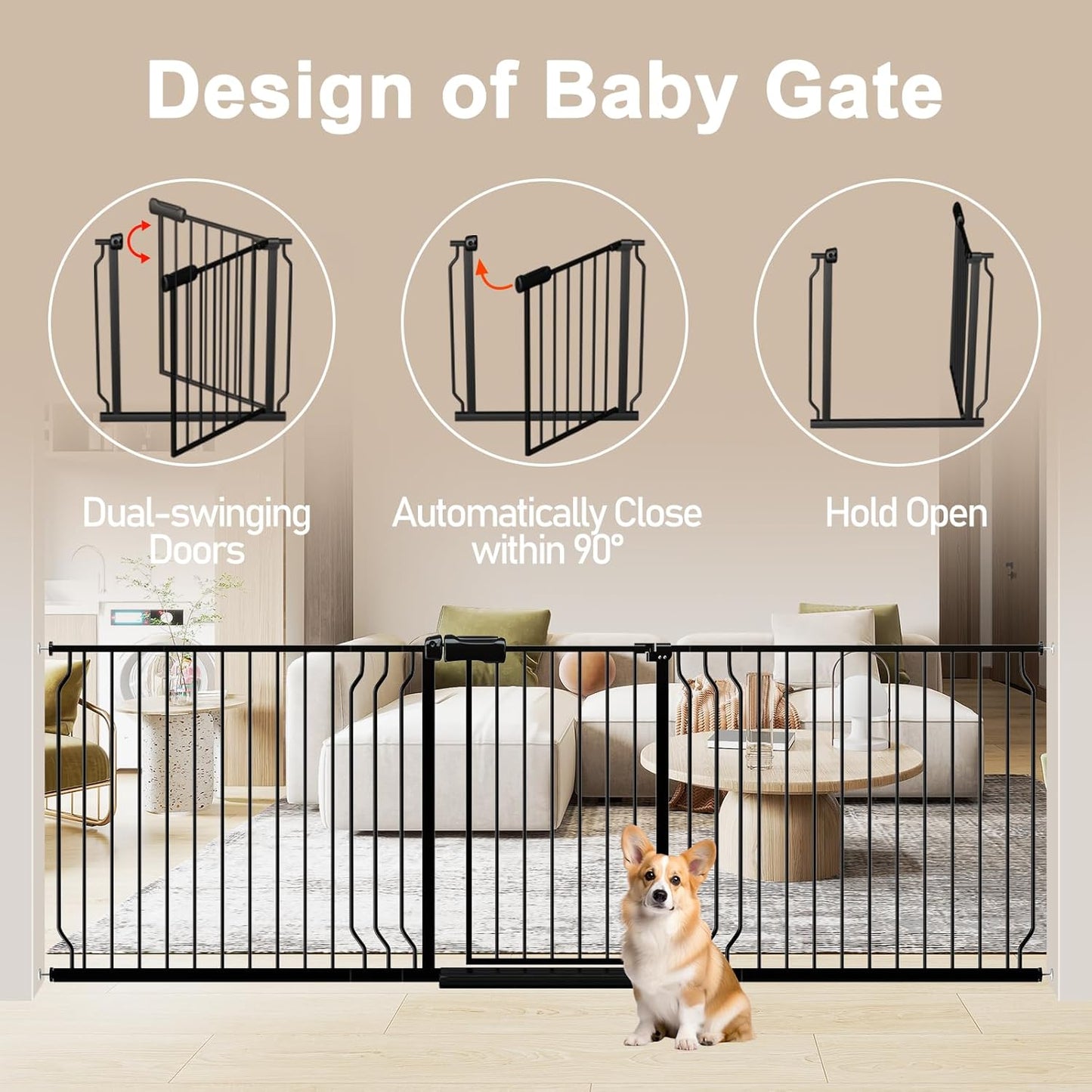 WAOWAO Baby Gate 85.83-95.24" Extra Wide Pressure Mounted Walk Through Swing Auto Close Safety Black Metal Toddler Kids Child Dog Pet Puppy for Stairs,Doorways,Kitchen