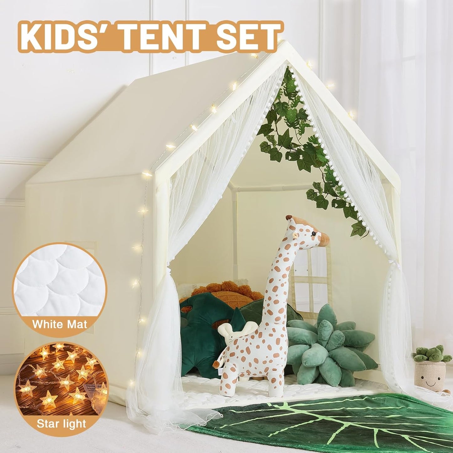 Wilwolfer Kid Tent with Mat, Star Lights - Kids Play Tents for Toddlers Kids Tents Indoor Playhouse - Princess Tent for Girls Toy House Gift (Beige with Mesh)
