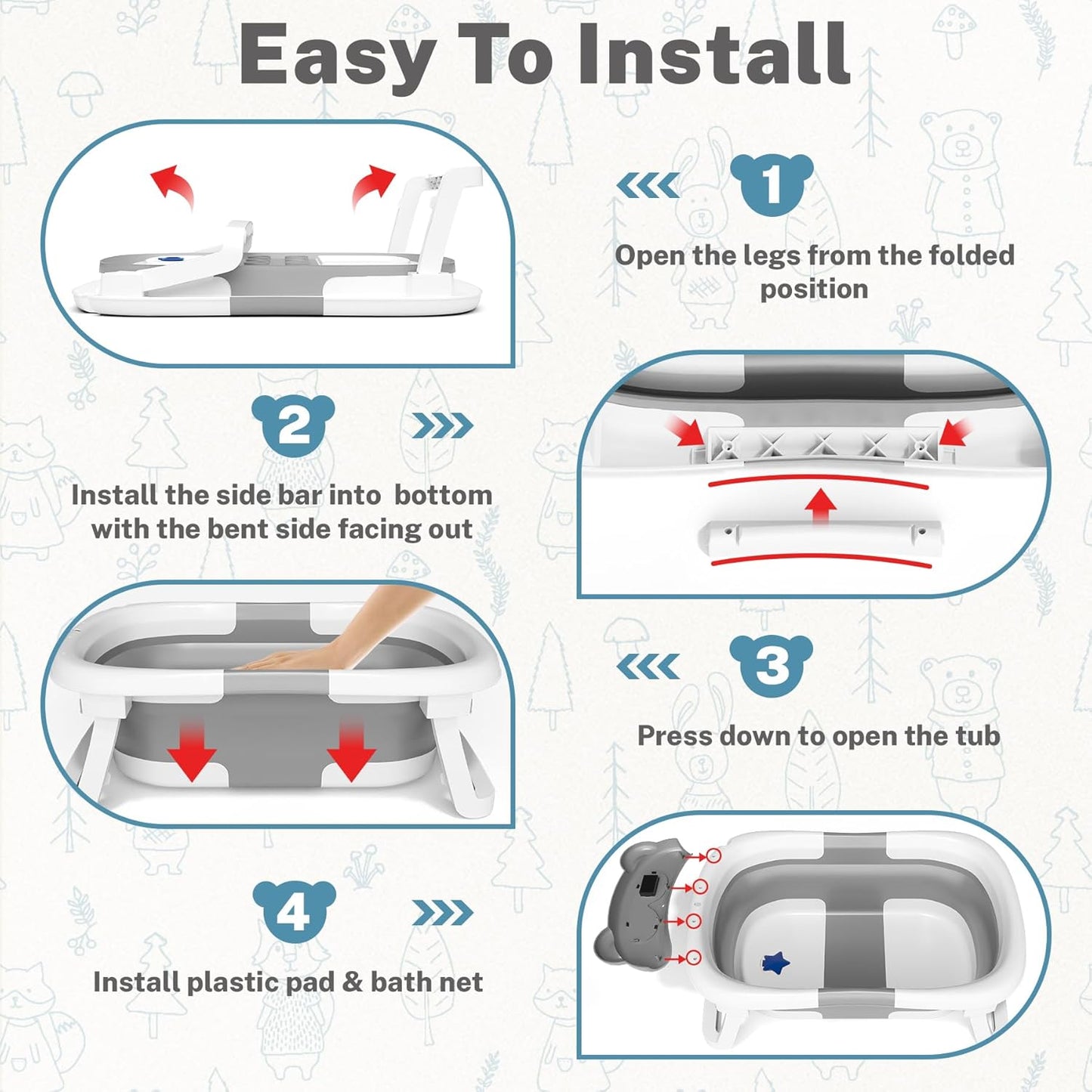 AVIDOR Baby Bathtub,Collapsible Bathtub for Newborn to Toddler,Durable Essential Infant Bath Tub,Portable Travel Baby Tub with Soft Cushion,No-Slip Hanging and Detachable(Grey)