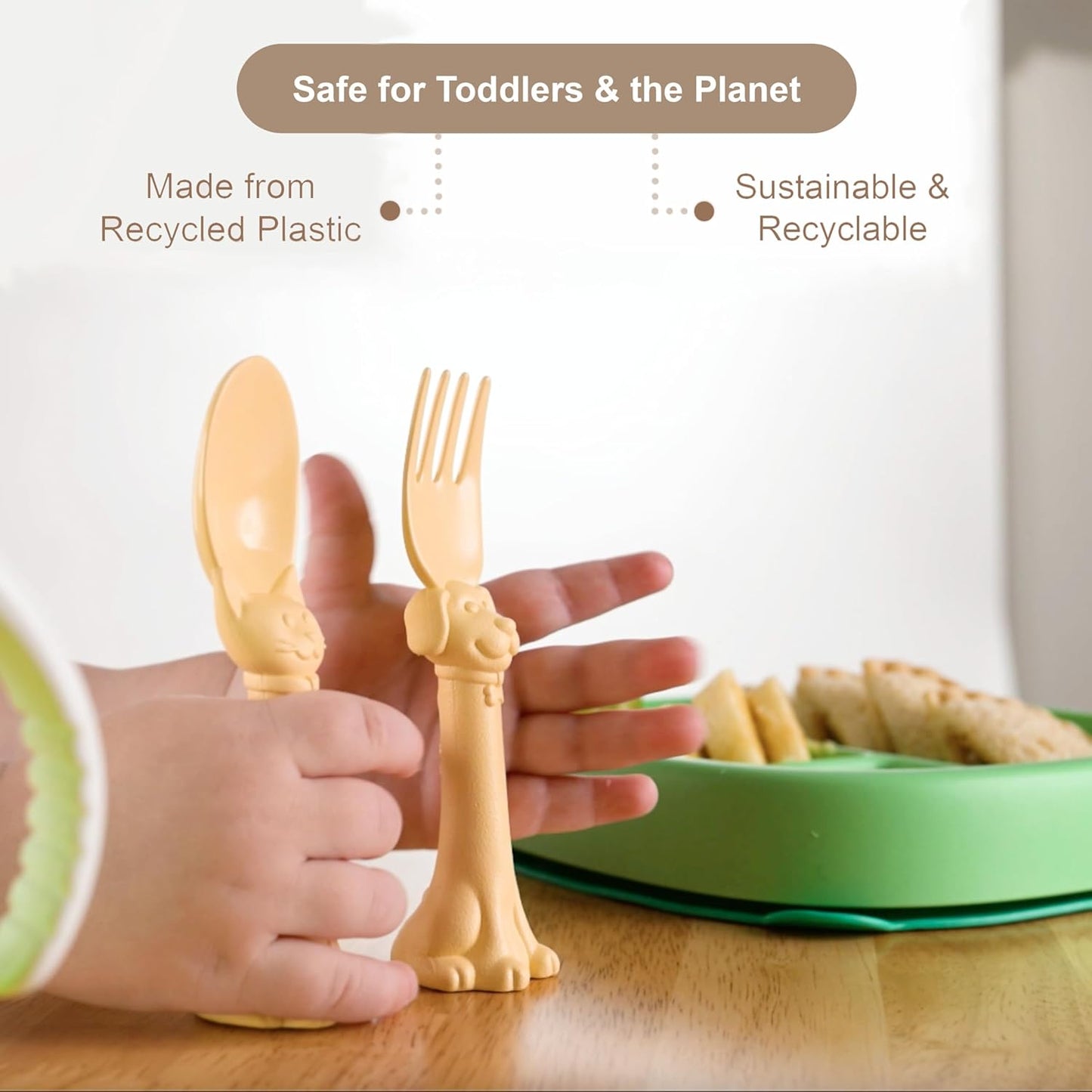 Made in USA Spoon la la Toddler Utensils Set - 2 Pack (1 Spoon & 1 Fork for Kids) - Self-Standing 3D Ergonomic Cat & Dog Handles - BPA-free, Dishwasher Safe, Baby Silverware (Yellow)