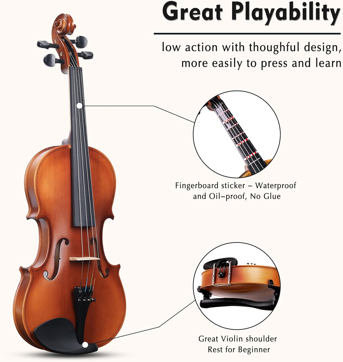 ADM 1/2 Size Wood Violin Set for Kids Teens Students Adults Beginner Acoustic Violin Matte Fiddle Starter Kit with Hard Case, Rosin, Shoulder Rest, Bow, Clip-on Tuner and Fingerboard Sticker