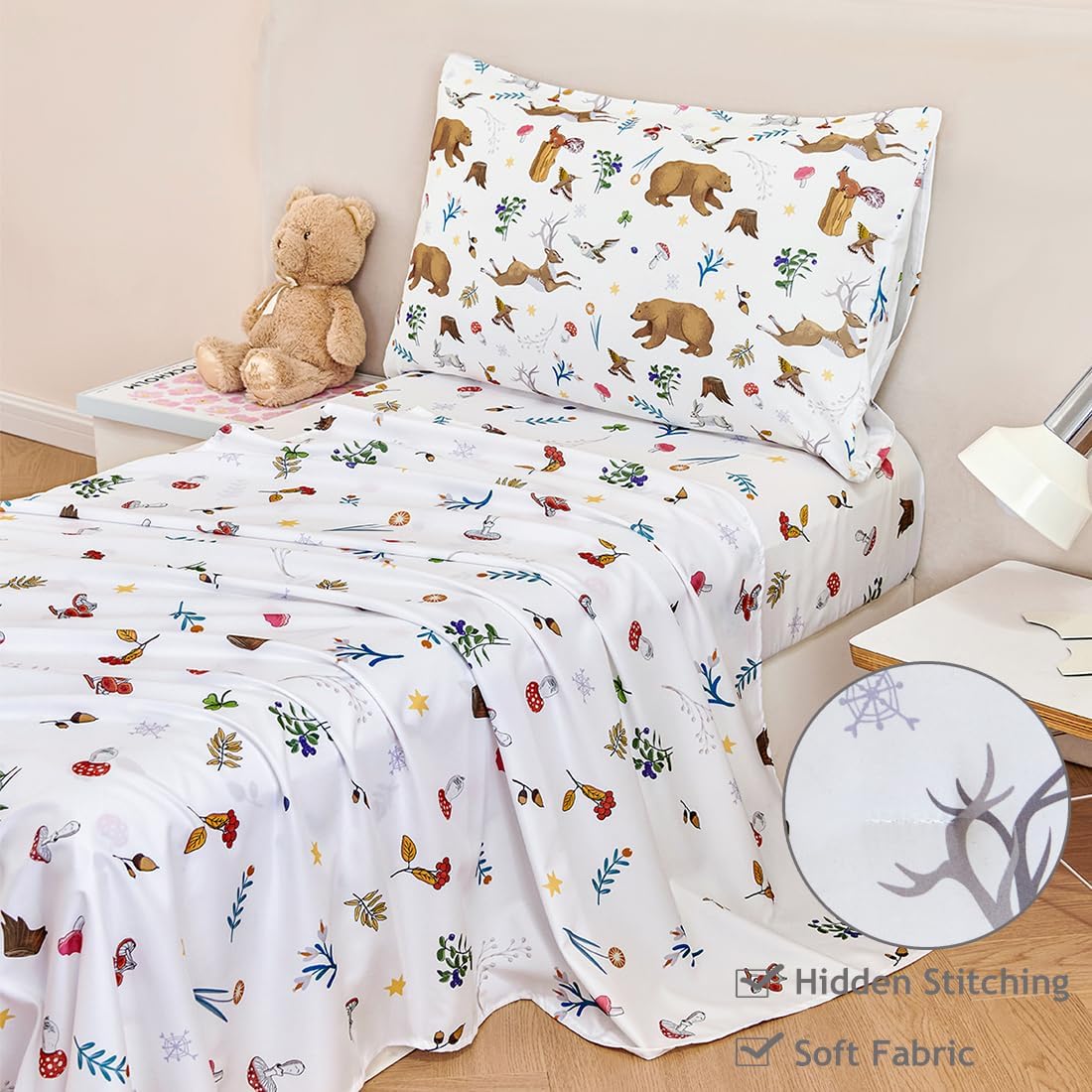 PERFEMET Kids Comforter Sets Twin 4 Pieces Cartoon Woodland Animal Print Bedding for Boys Girls Soft Reversible Bear Deer Forest Theme Children Bedroom Set with Sheets for All Season Use