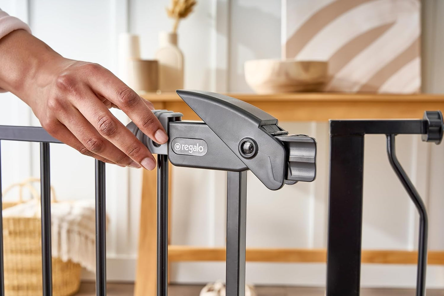 Regalo Easy Step 38.5-Inch Wide Walk Thru Baby Gate, Includes 6-Inch Extension Kit, Pressure Mount Kit, Wall Cups, Black