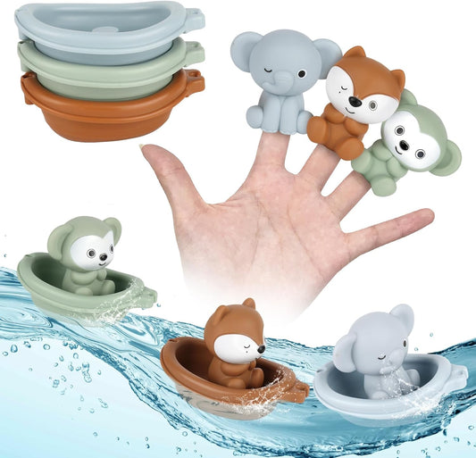 Bath Pool Toys for Toddler, Stacking Toys with 3 Boat 3 Sensory Finger Puppets, Toddler Toys Gifts for 2-4 Year Old Boy Girl, Model A