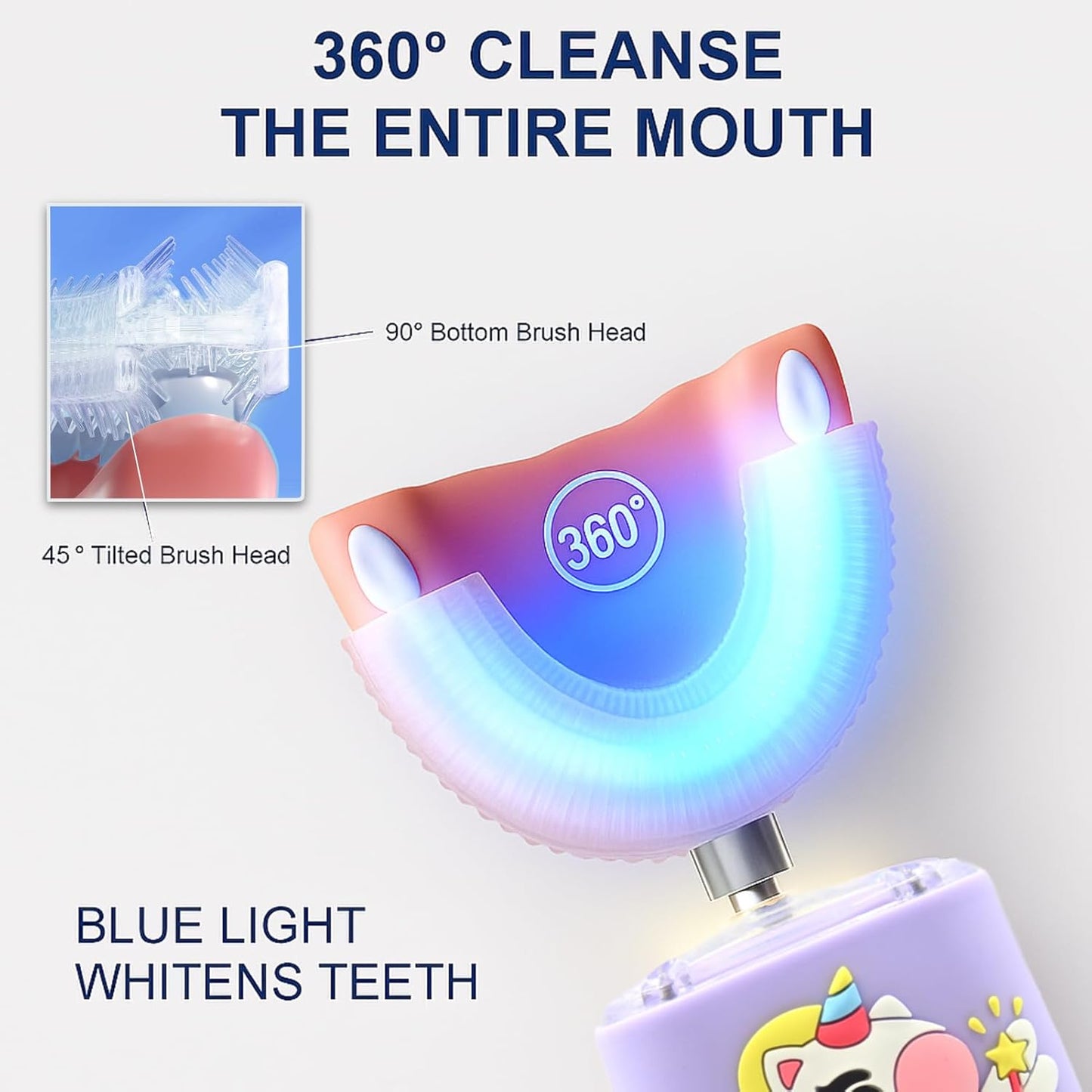 Kids Electric Toothbrush, U Shaped Toothbrush Kids Sonic Automatic Brush with Cup 5 Brush Head 6 Sonic Clean Modes IPX7 Waterproof Unicorn Design Rechargeable Smart Timer for Children 8-14