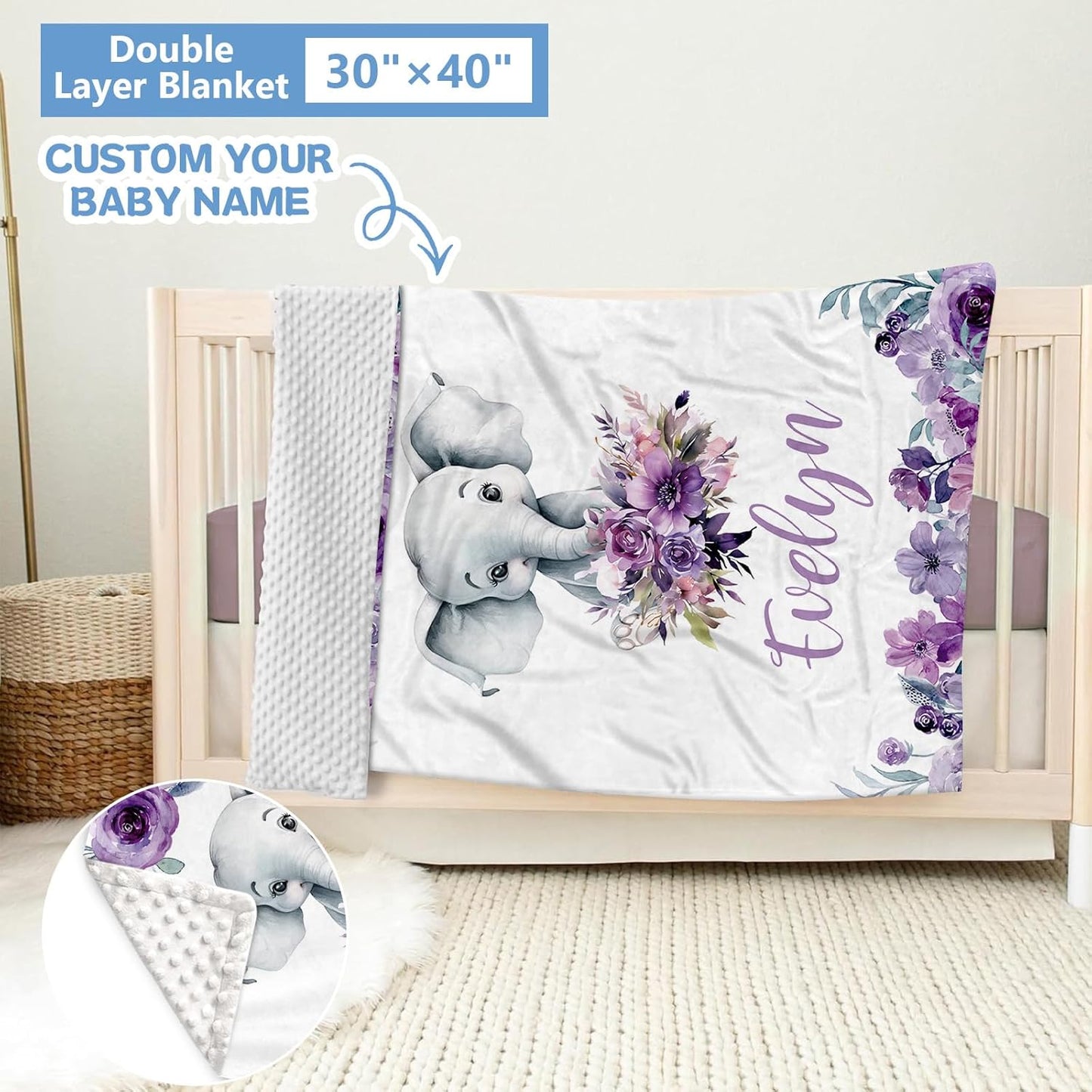 Personalized Baby Crib Bedding Set, 5 Pcs Custom Baby Bedding Set with Name, Double Layer Baby Elephant Crib Set for Girls, Soft Flannel Nursery Bedding Set, Toddlers Infants New Parents Gift