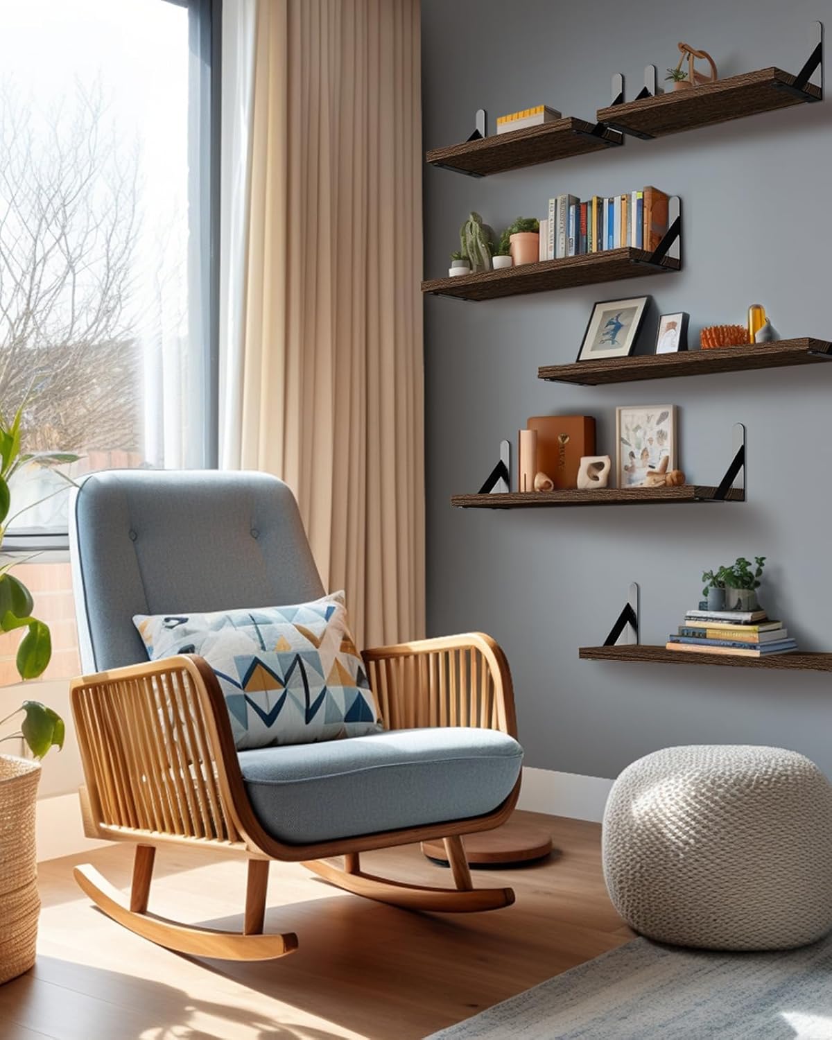 AMADA HOMEFURNISHING Wall Shelves Set of 6, Rustic Farmhouse Floating Shelves for Bedroom, Bathroom & Living Room, Brown Wood