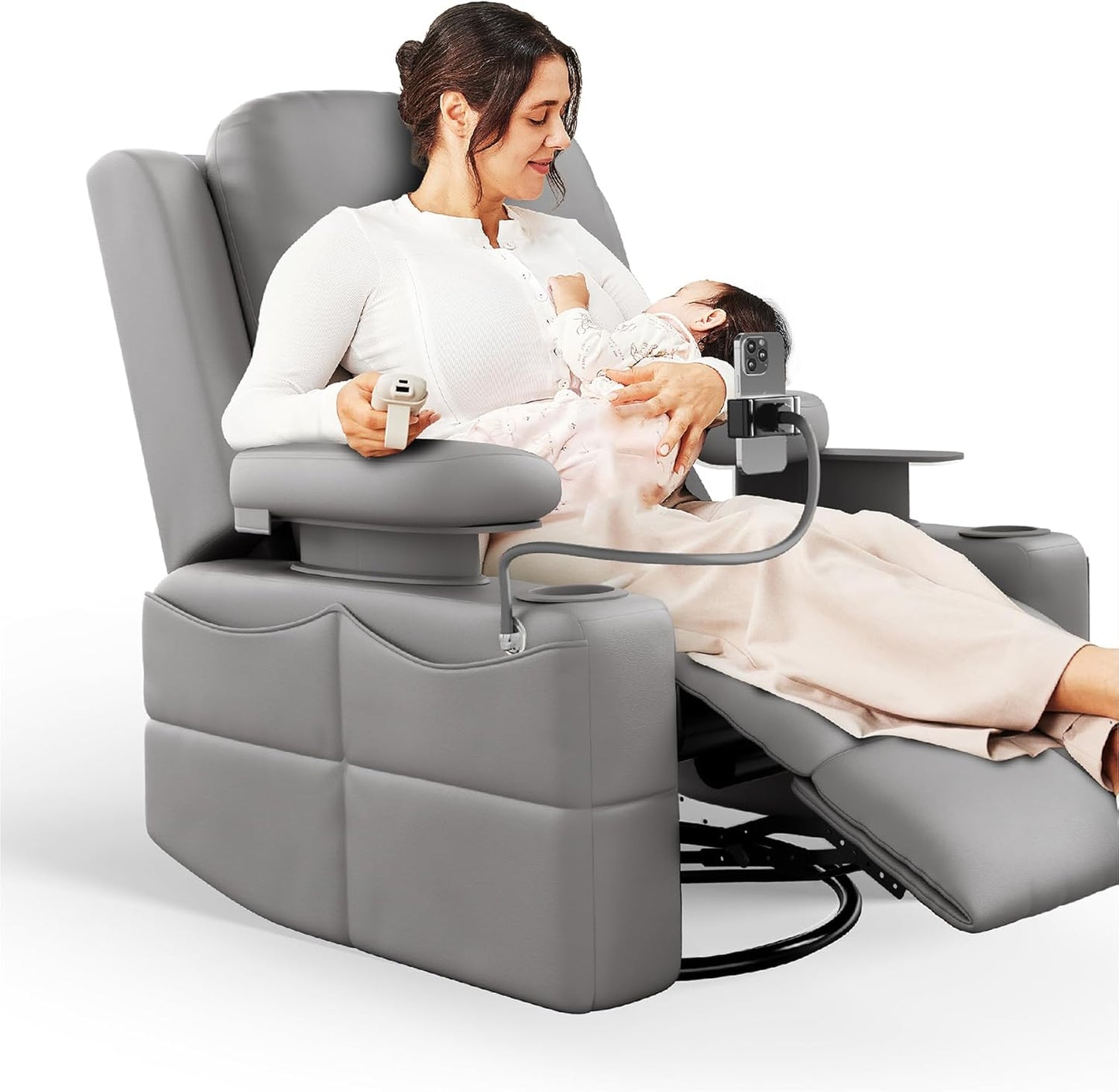 Rocking Chair Nursery with Adjustable Armrests, Electric Glider Recliner Nursing Chair for Breastfeeding, Power Swivel Recliner Chairs with USB Port and Storage, FSC Certified (Haze)