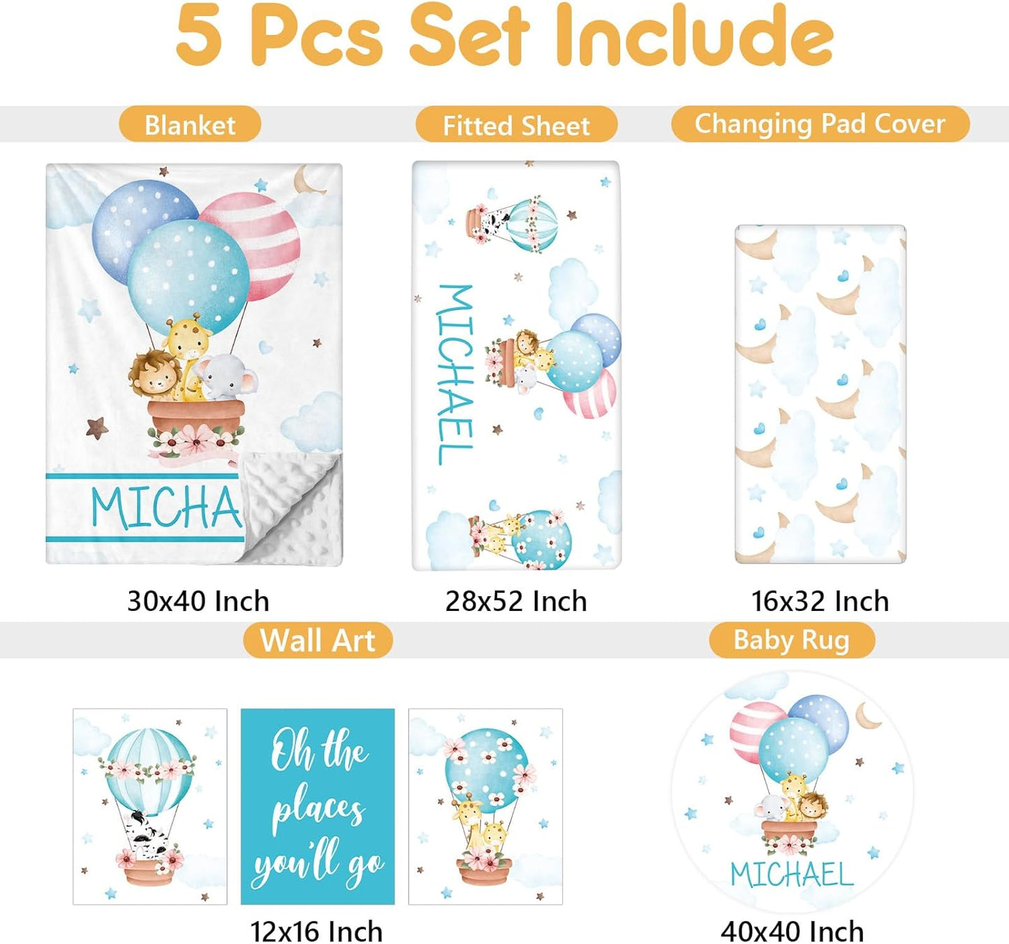 Personalized Baby Bedding Set, 5 Pcs Custom Toddlers Bedding Set with Infant Name, Double Layer Nursery Crib Set for Boys Girls, Customized Gifts for Infants Baby Shower, Hot Air Balloon Animal