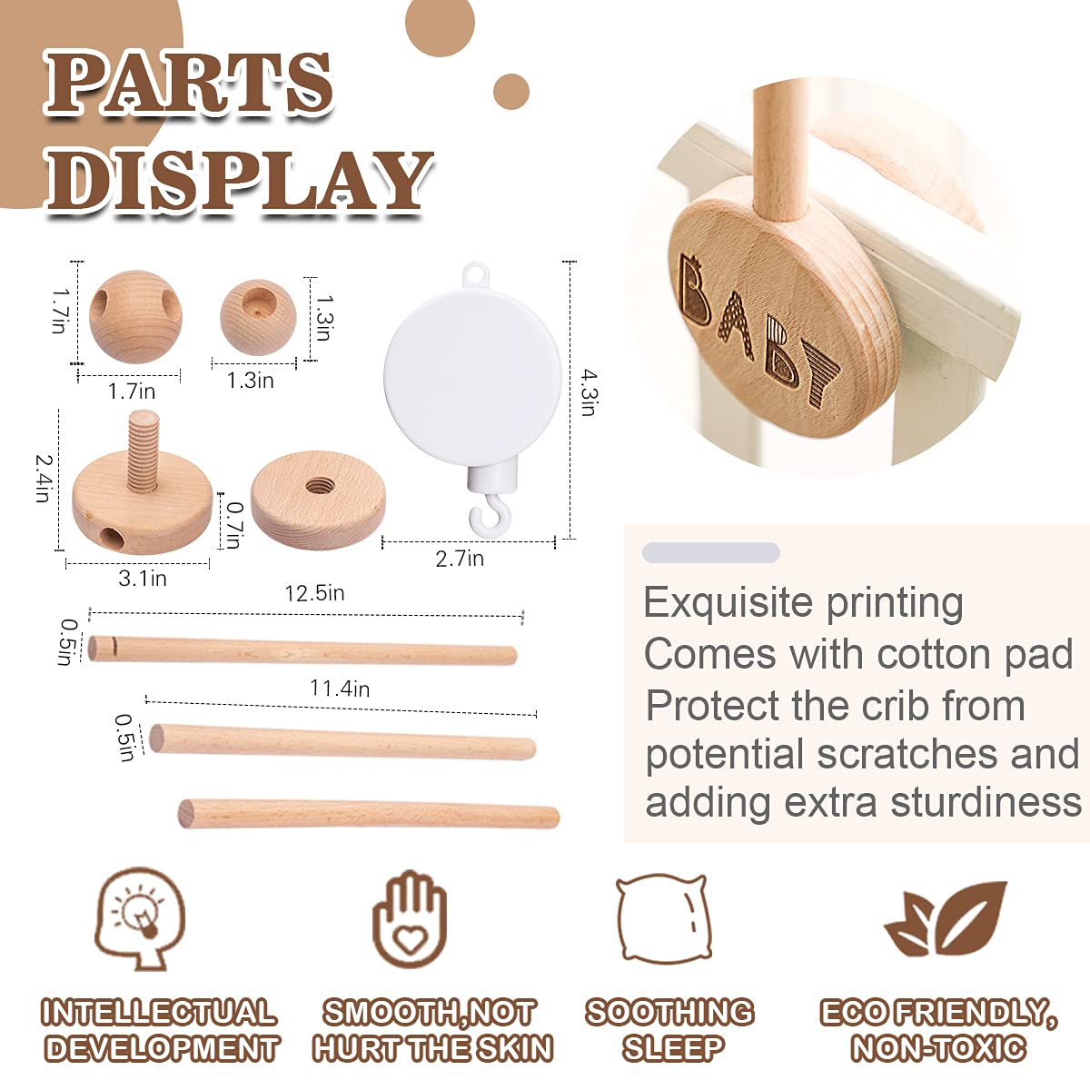 Baby Crib Mobile Arm Wooden Holder 30 inch Beech Hangers with Rotating Music Box Nursery Decor Attachment Safe Anti Slip Set