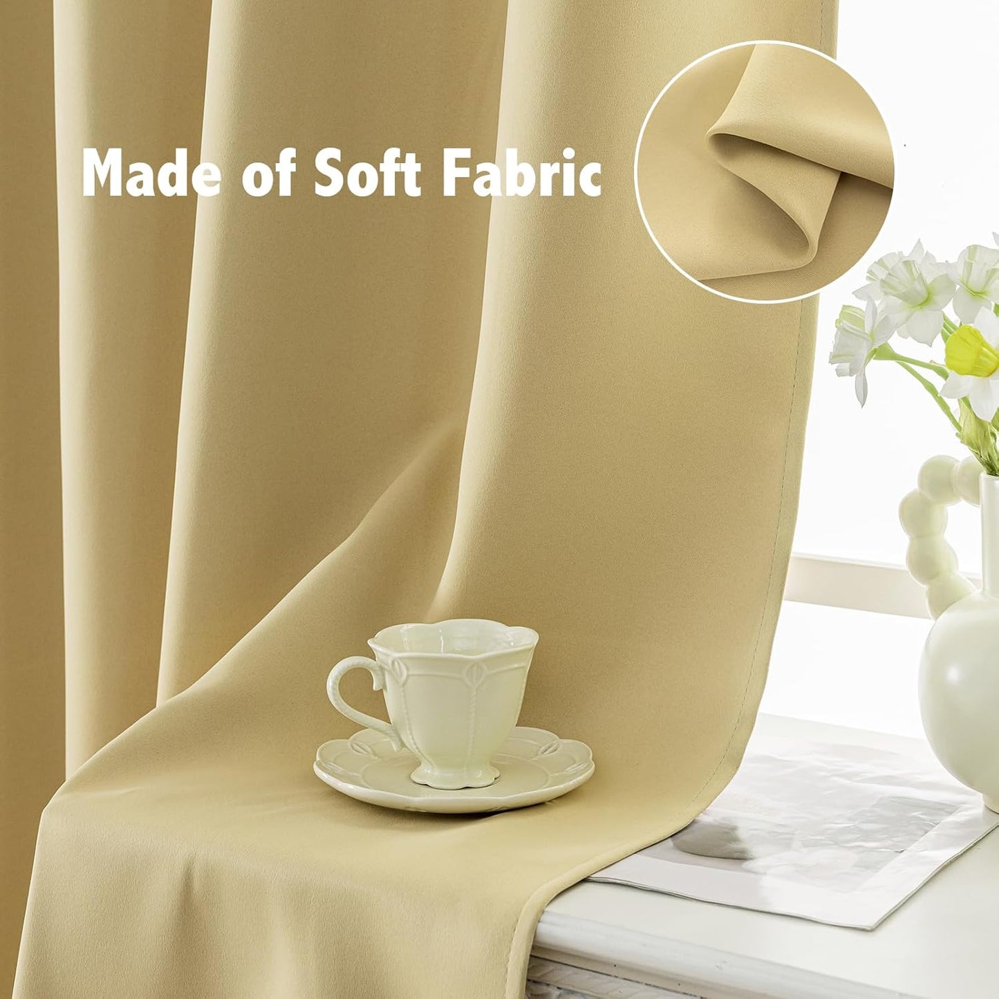 Anytime 100% Blackout Curtain Set, Thermal Insulated & Energy Efficiency Window Draperies for Guest Room, Full Shading Panels for Shift Worker and Light Sleepers（Beige, 2 Panels, 52W x 63L）