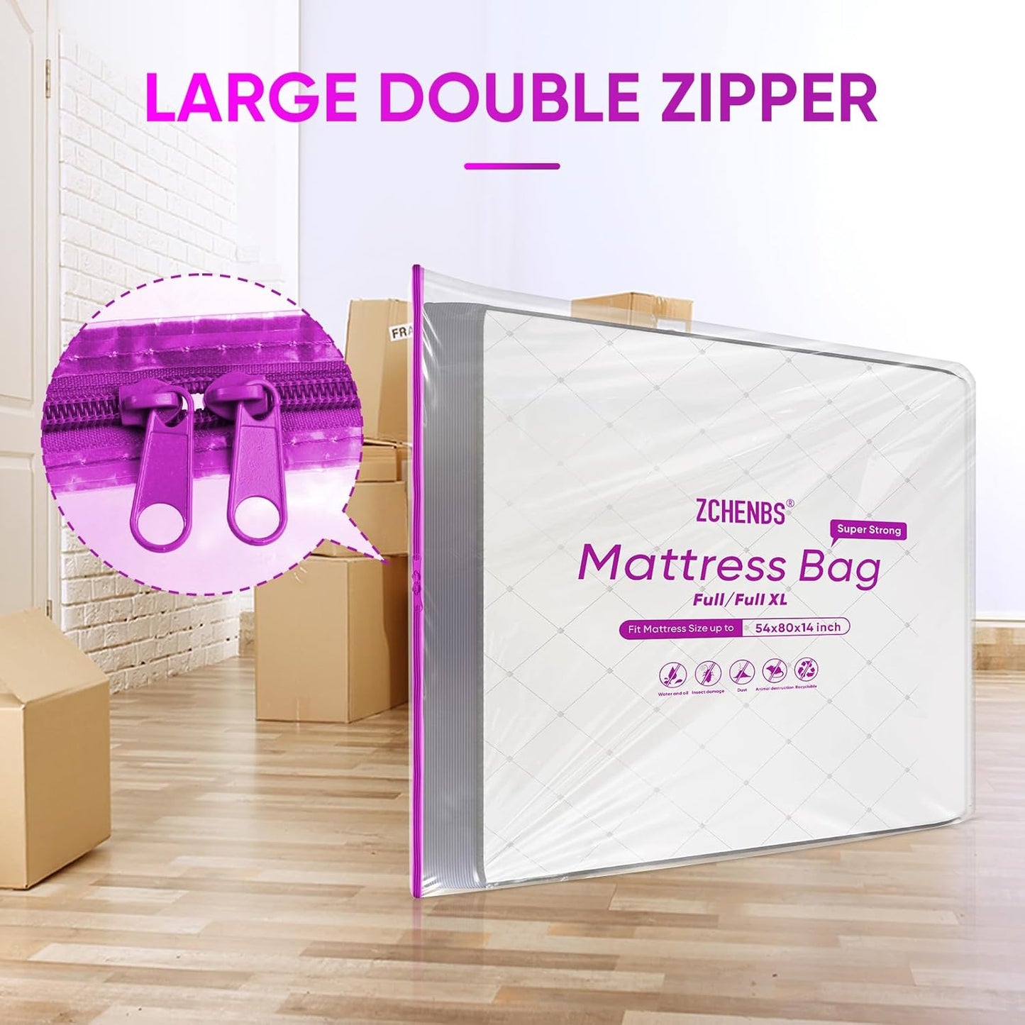ZCHENBS® – Mattress Bags for Moving and Storage,Mattress Bag with Zippers,5 Mil Ultra-Thick Bed Bag,Waterproof,Anti-Tear,Heavy-Duty Mattress bag (Tansparent/Purple, Full/Full XL-(1 Pack))