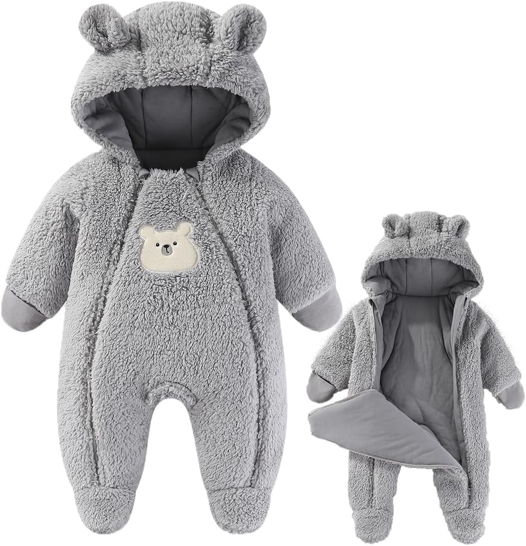 Fairy Baby Newborn Baby Winter Snowsuit Bear Thick Romper Footie Double Zip Hooded Jumpsuit Fleece Coat Infant Boy Girl 0-12M