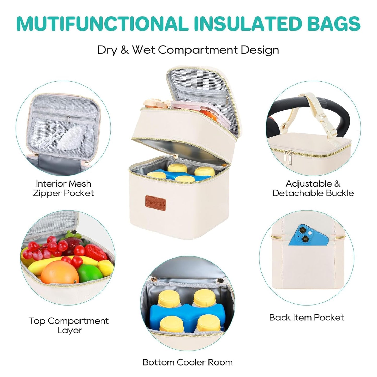 PIIOSER Breast Milk Storage Cooler Bag with Ice Pack, Fits 4 Baby Bottles Up to 5 Ounce, Small Insulated Breastmilk Cooler Travel Bag with Handle Buckle for Nursing & Working Mom Daycare (Cream-XS-1