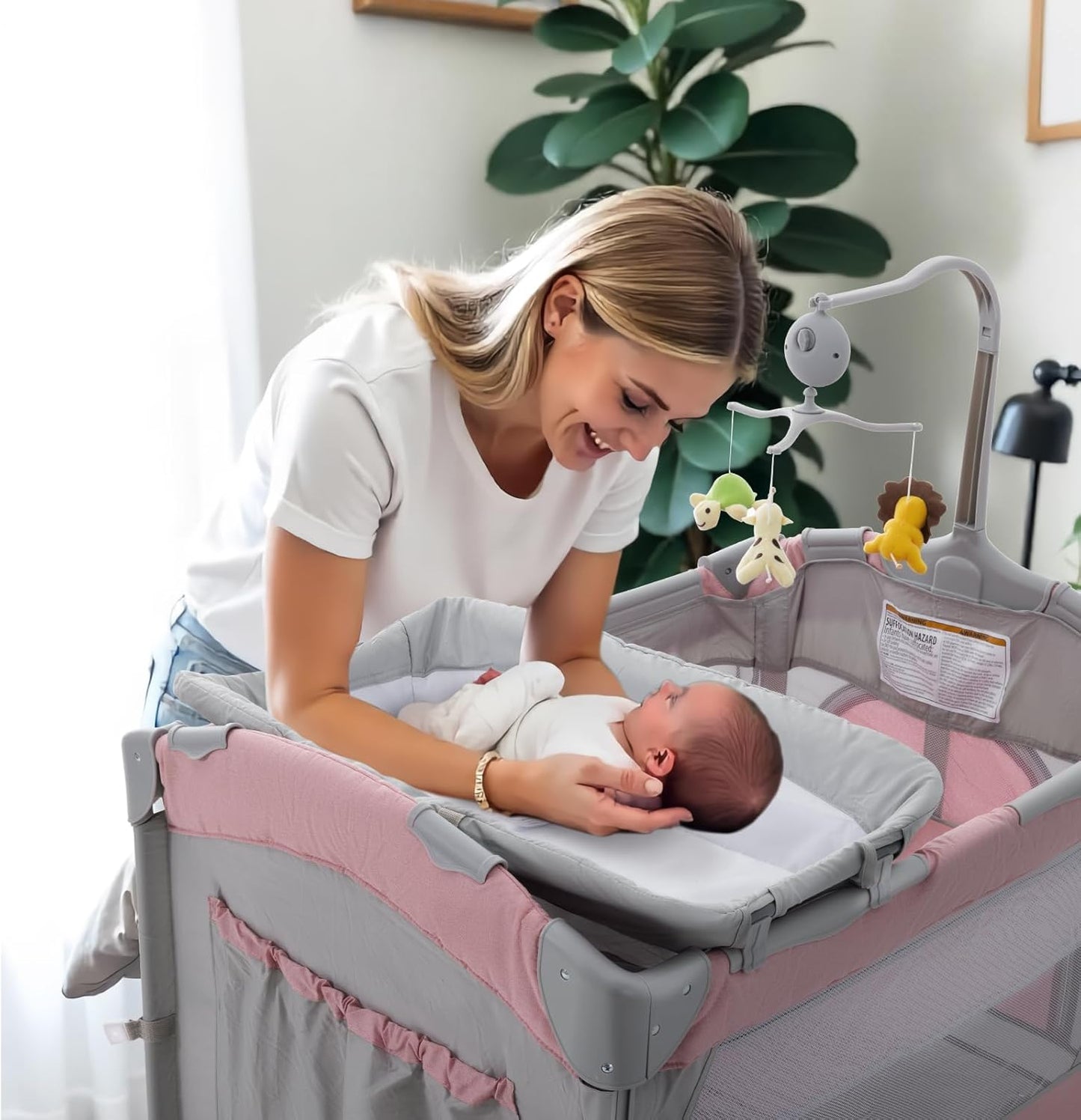 5 in 1 Baby Crib,Bedside Sleeper,Bassinet,Pack and Play with Bassinet and Changing Table,Portable Travel Playpen Music Box,Portable Travel Crib for Infant Newborn (Pink Gray)
