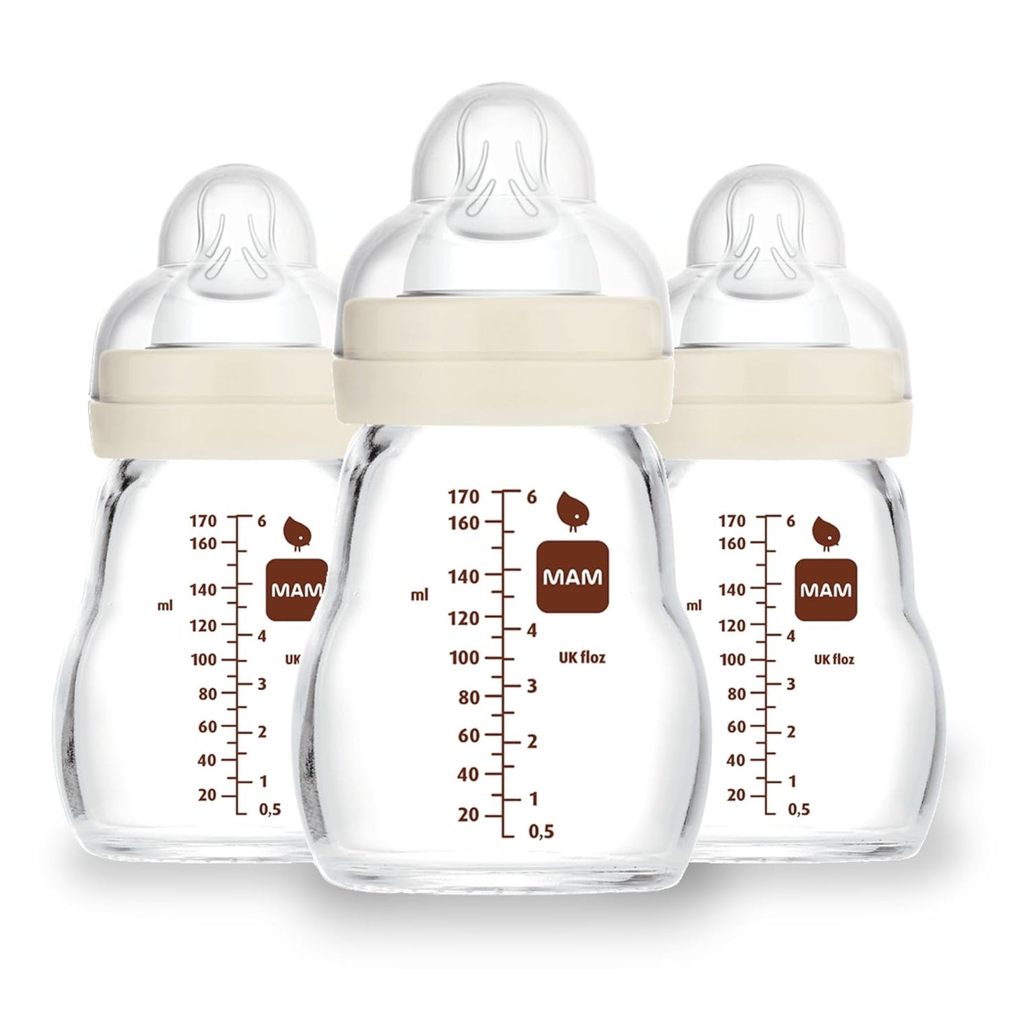 MAM Feel Good Slow Flow Premium Glass Baby Bottles, Easy Switch Between Breast and Bottle, 6oz, 0+ Months, Unisex, 3 Pack
