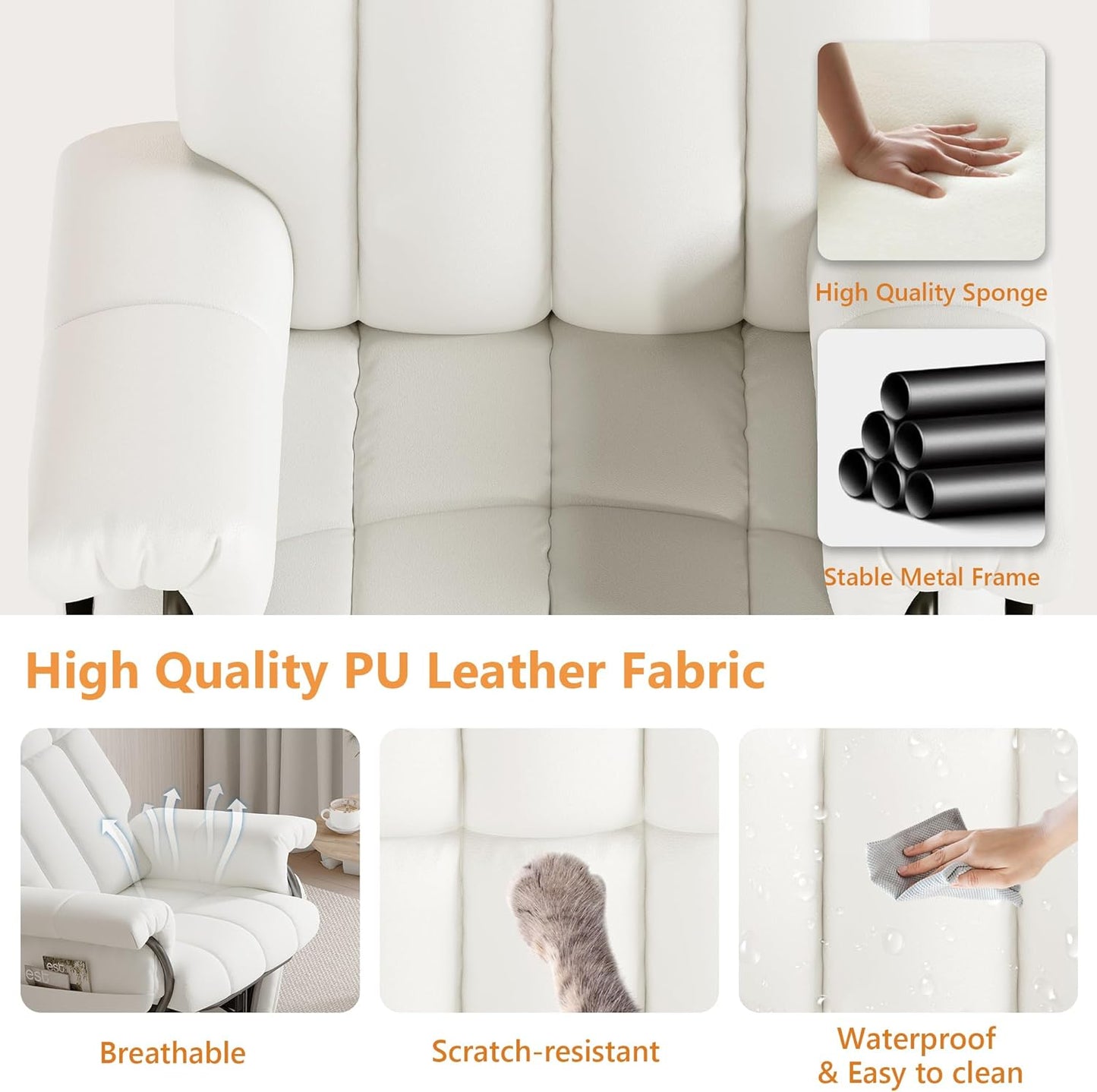 JIASTING 360° Swivel Leather Recliner Chair with Ottoman & Double Side Pockets, Nursing Glider Rocking Recliner Chair, Gliding Chairs for Nursery, Living Room, Office, Bedroom, Metal Frame (White)