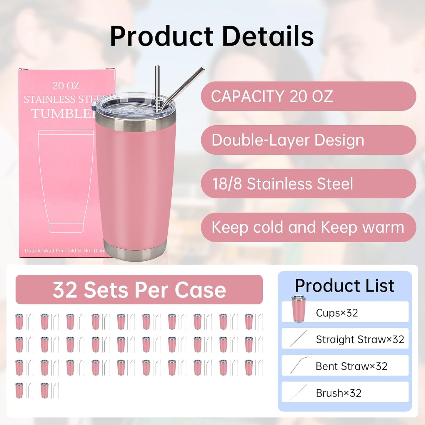 IEOVIEE 32 Pack 20oz Stainless Steel Bulk Tumblers with Lids and Straws Double Wall Insulated Travel Mug Durable Powder Coated Tumbler Bulk Cup for Cold and Hot Drinks(Pink)