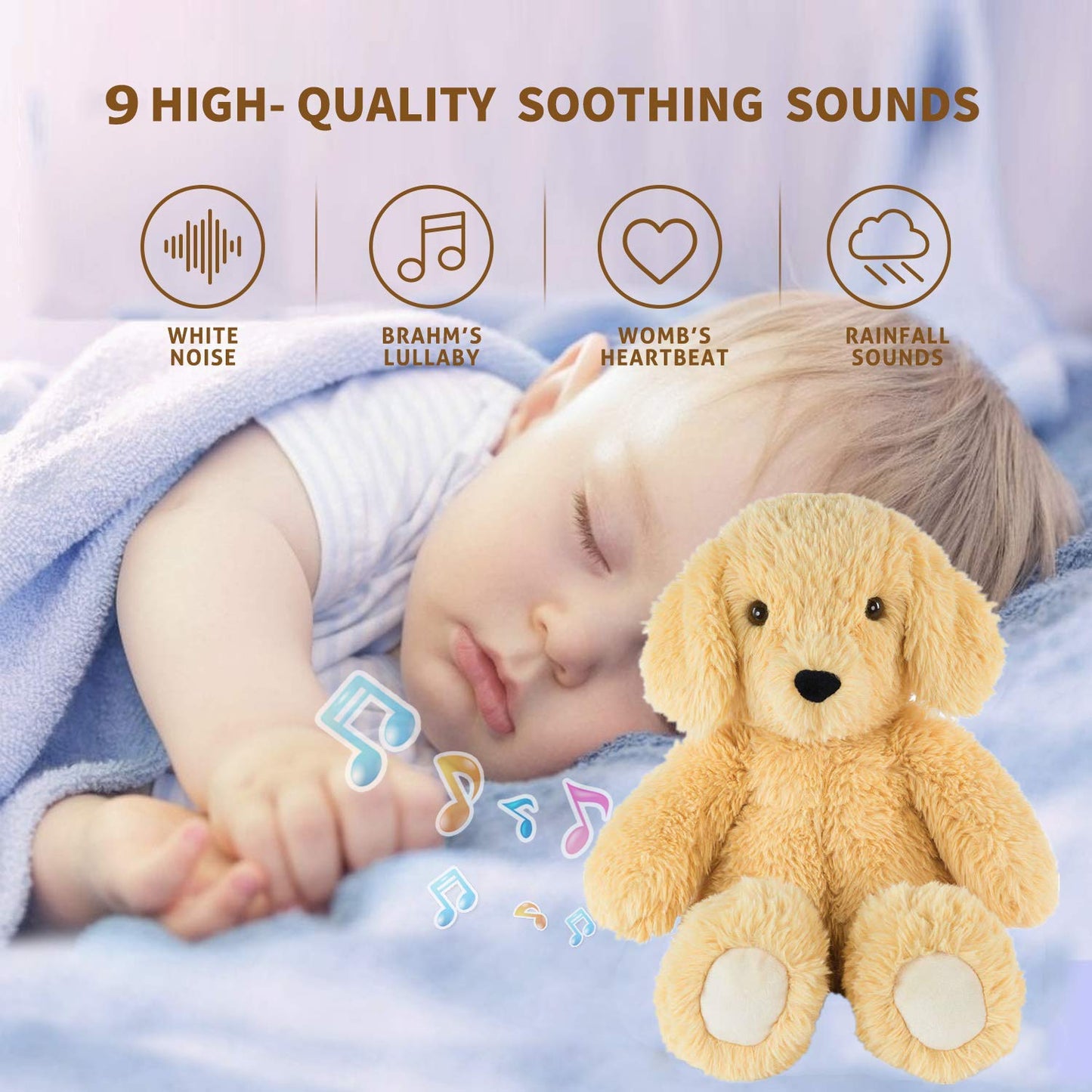 BEREST Baby Cry Sensor Sleepy Dog Sleep Soother Sleeping Aid White Noise Infant Stuffed Animal Puppy Dog Toy, Nursery Decor with Night Light, Mom‘s Heartbeat 9 Sounds Therapy for Toddler Crib