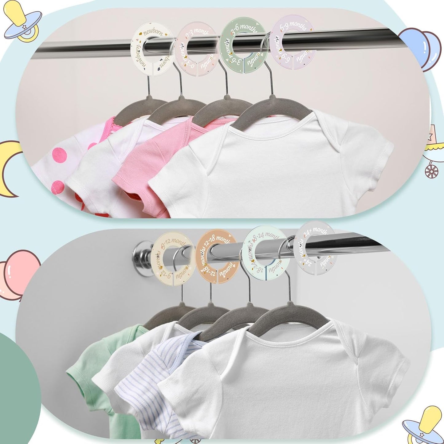 8 Pcs Baby Closet Dividers Unisex Baby Clothes Organizers Clear Labels for Nursery Closet Organizer & Decor Nursery Fits Most Rods(Donut,Light Color)