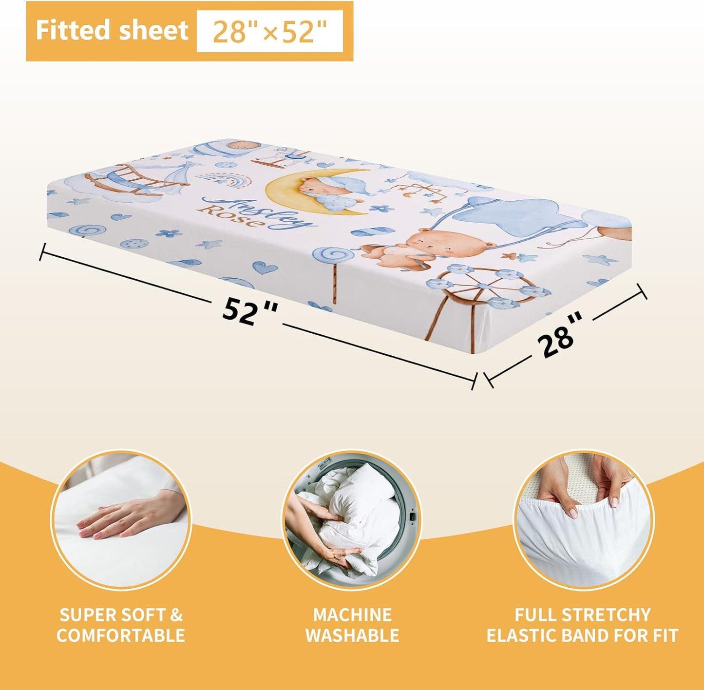 Personalized Baby Crib Bedding Set, 5 Pcs Custom Name Baby Crib Set with Double Layer Blanket, Soft Blue Moon Bear Nursery Bedding Set for Girls Boys, Customized Gifts for Toddlers Infants