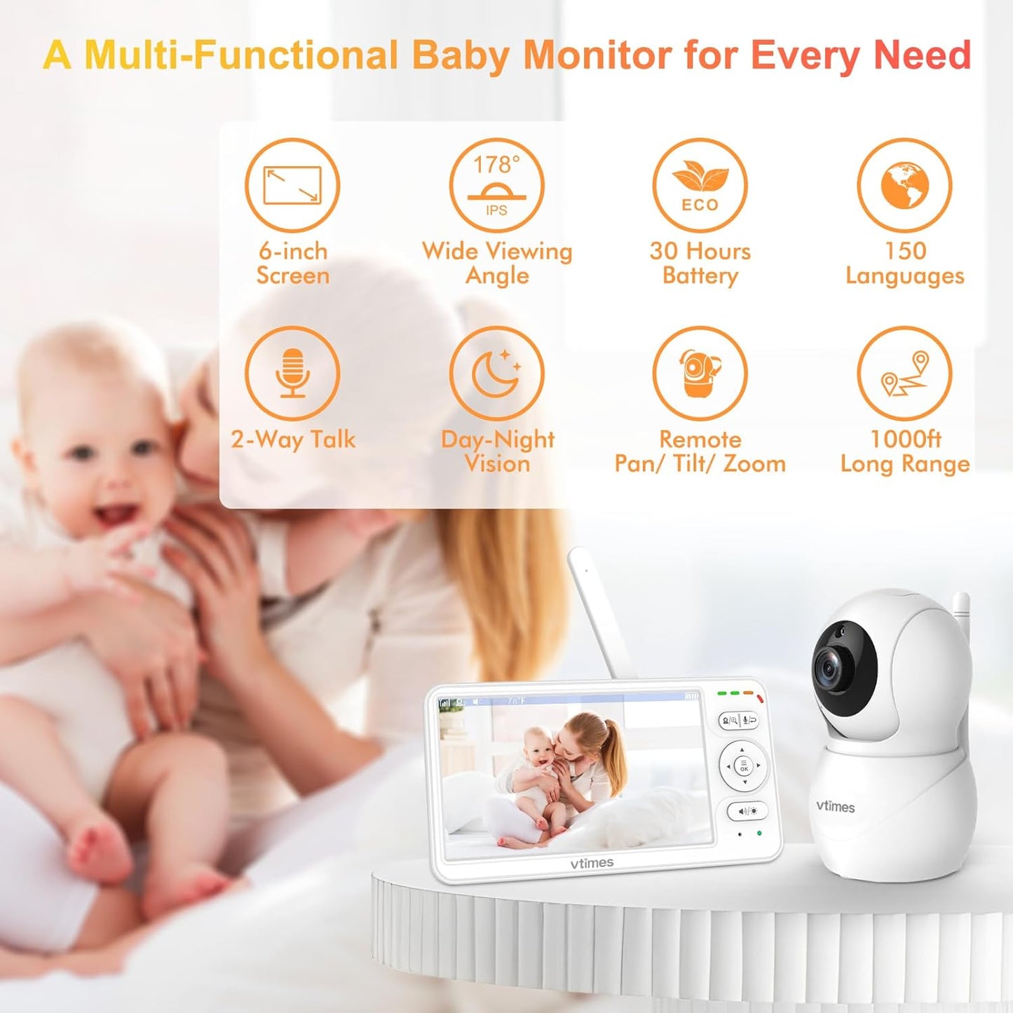 Baby Monitor with Camera and Audio, 6'' IPS Screen with 30-Hour Battery, Baby Monitor No WiFi Night Vision, ECO, 2-Way Audio, Pan-Tilt-Zoom, Baby Camera Monitor with 1000ft Range, Ideal Gift