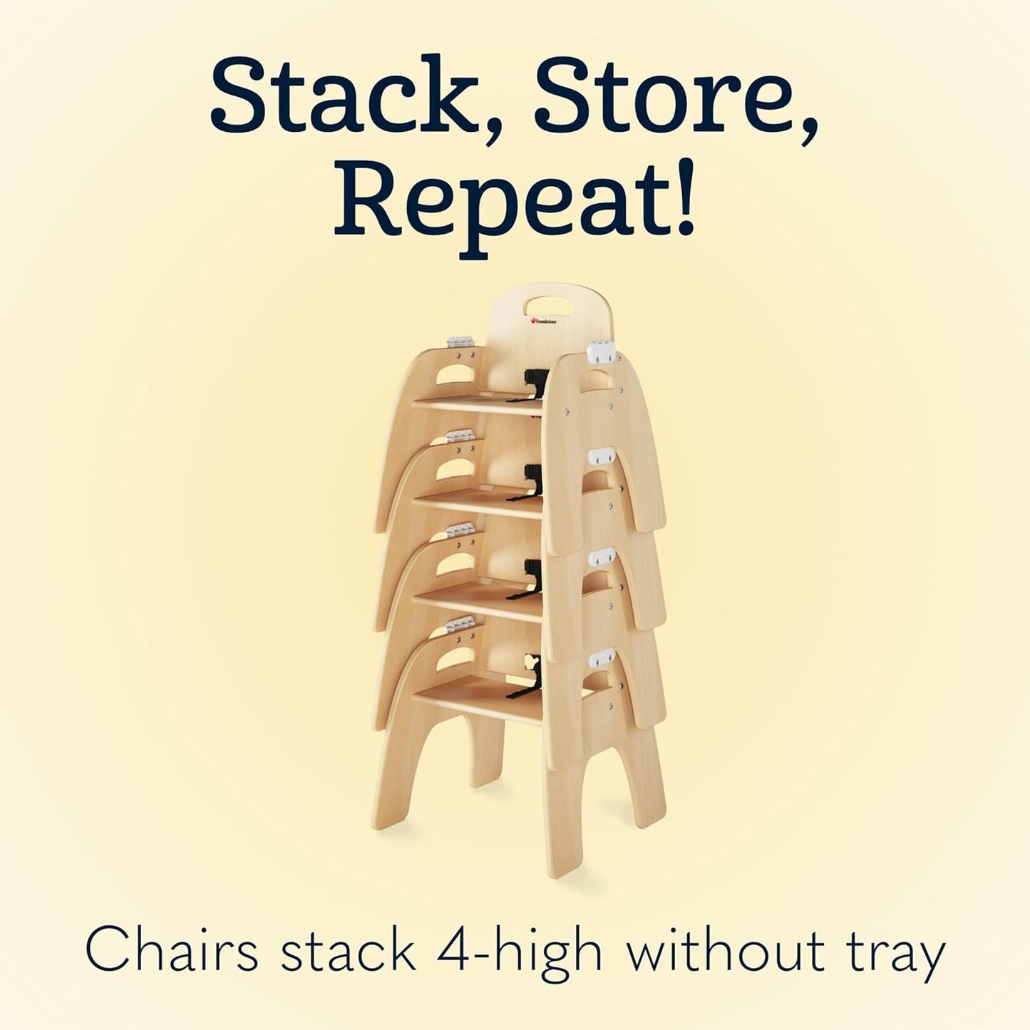 Foundations Easy Serve Low Wood Feeding Chairs Multipack, Adjustable Harness, Removable Dishwasher Safe Tray, No-Tip Base, Stackable Toddler Chairs, 2 Pack (13 inch)