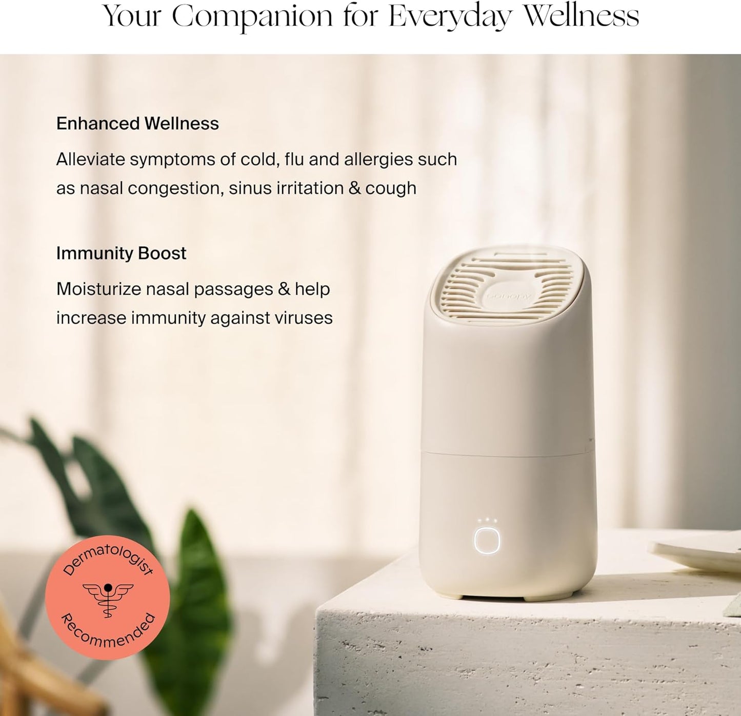 Canopy Portable Misting Humidifier - Cordless 11 HR Run Time, 500 mL, TSA Approved Travel Humidifier - Alleviate Symptoms of Allergies, Flu, Cold, Dry Skin - Includes Aroma & Adapter - Cream