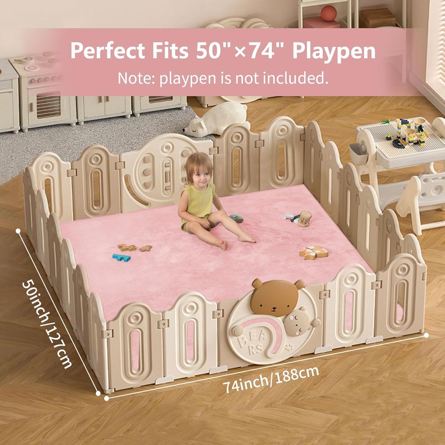 Baby Play Mat for Floor,1.3" Thick Elasti-Foam 50"×74" Playpen Mat for Tummy Time,Water Repellent Soft Coral Velvet for Toddler,Infant,Kids,Non-Slip Backing Safe for Crawling(Pink)