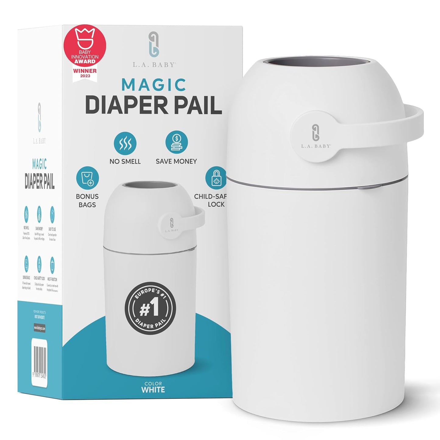 L.A. Baby Magic Diaper Pail - Patented 100% Odor-Free System with Child-Safe Lock - Award-Winning Design - No Refills Required - Works with Regular Trash Bags - White