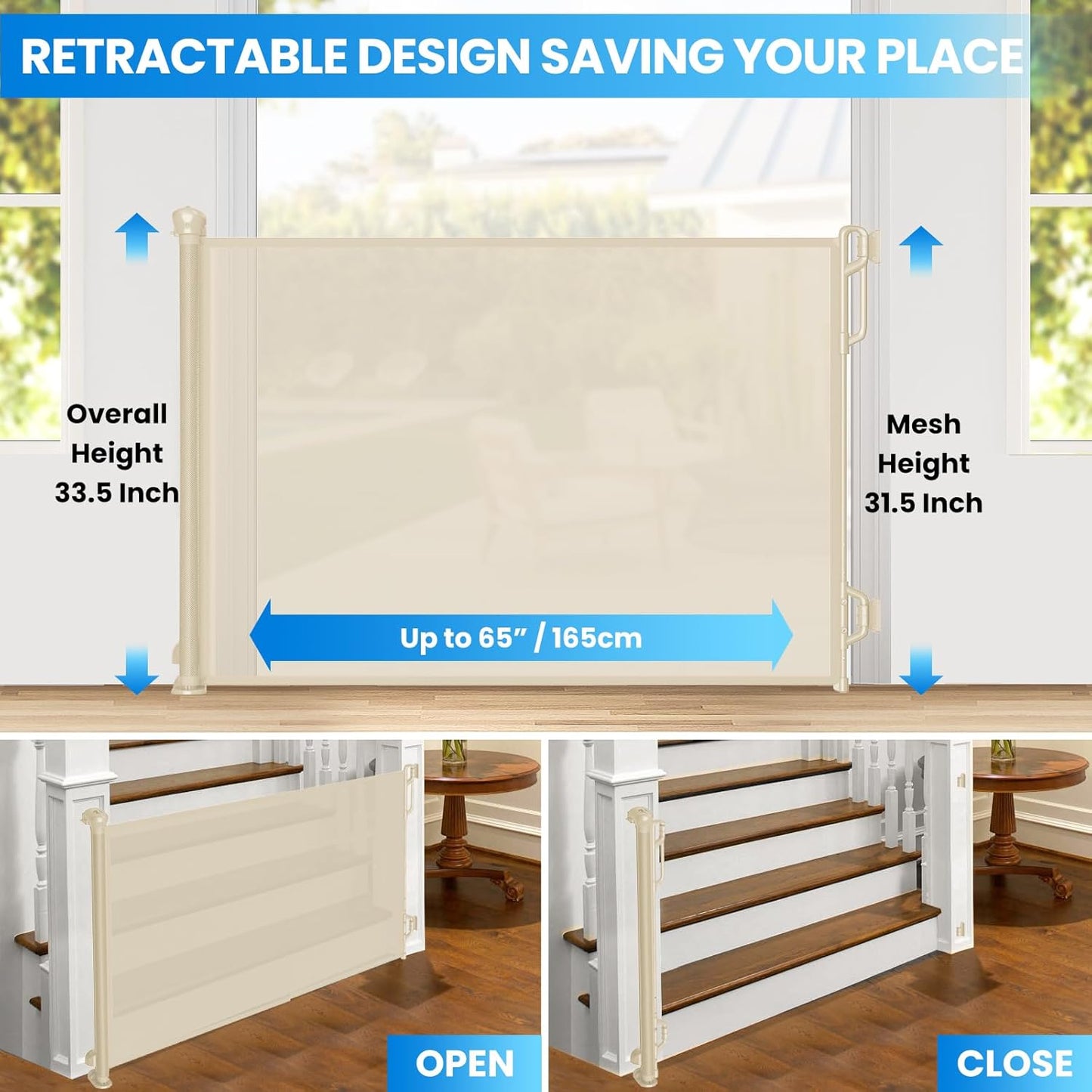 Retractable Safety Baby Gate or Mesh Dog Gate,Durable Portable Mesh Retractable Gate,Easy to Use for Stairs, Doorways, Hallways, Indoor, Outdoor, 33.5" Tall, Up to 65" Wide, Cream