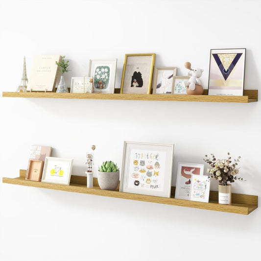 Picture Ledge Shelf, Wood Long Floating Shelves for Wall, Set of 2, 48 inch Picture Ledge Shelves, Photo Ledge Nursery Book Shelves Wall Mounted for Living Room Kids' Room Bedroom, Color Oak