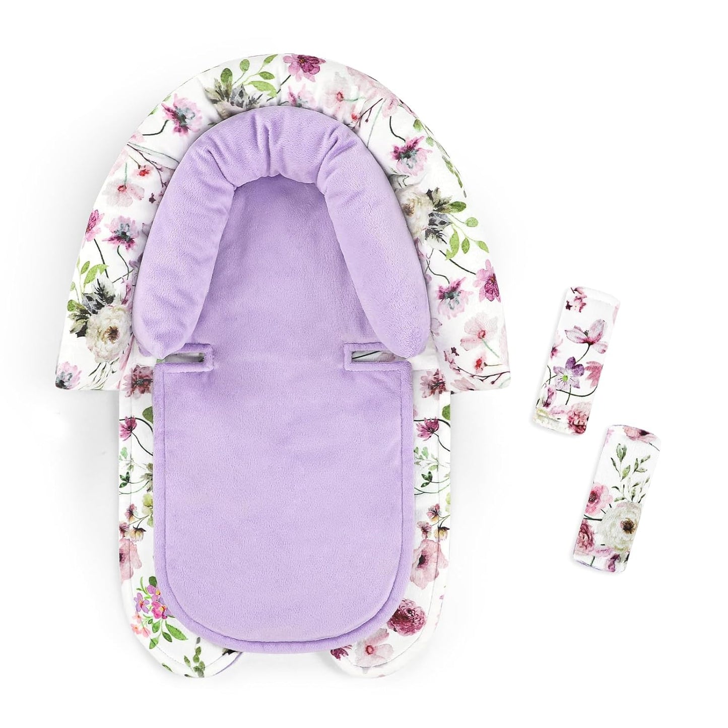GFU Baby Car Seat Head Support for Newborn, 2 in 1 Infant Car Seat Head Body Support with Strap Pads, Soft Stroller Cushion Pillow Insert for Girls and Boys, Fits for Stroller, Swing, Purple Floral