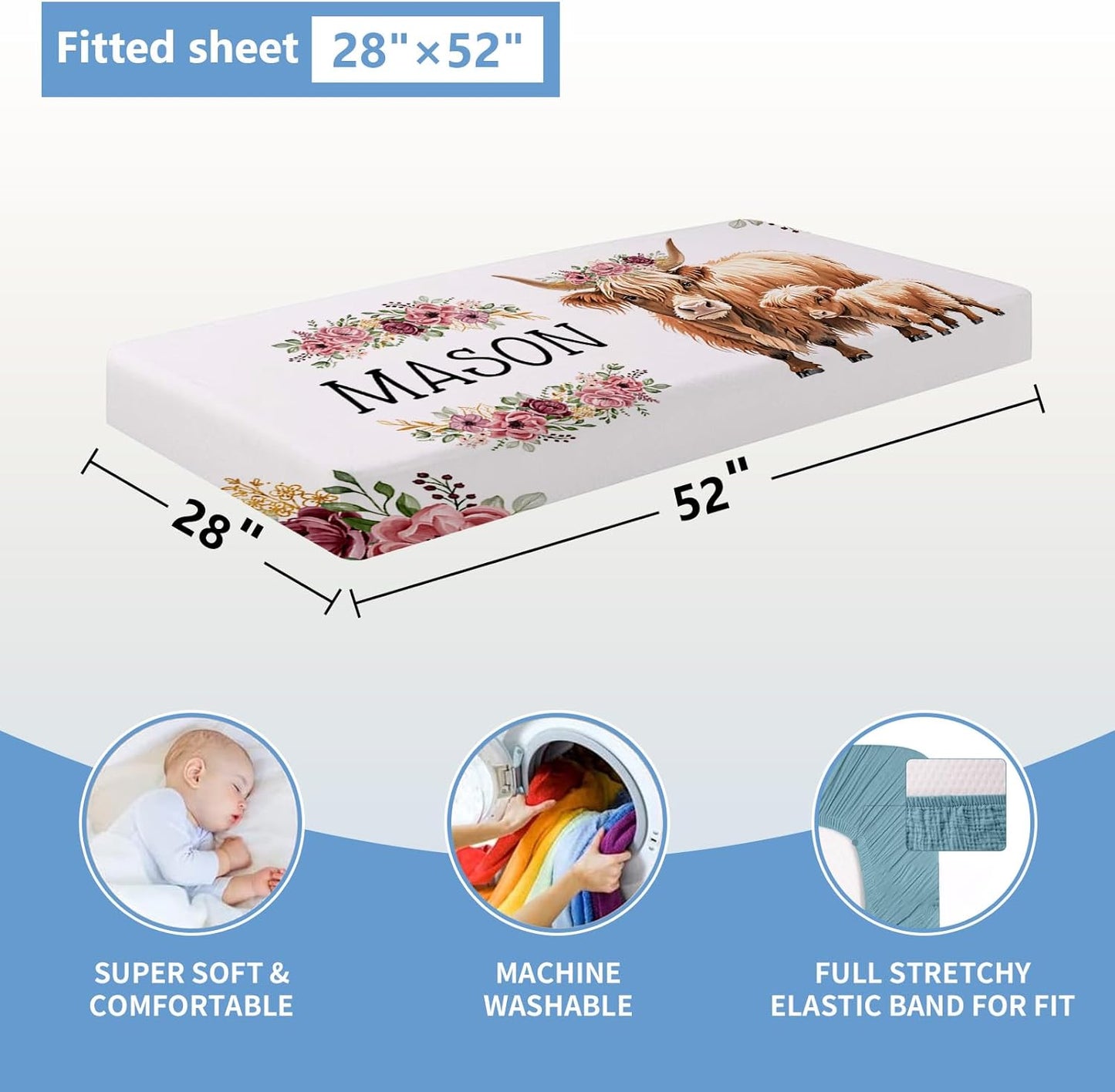 Personalized Baby Bedding Set, 5 Pcs Custom Baby Crib Set with Name, Soft Flannel Highland Cow Crib Bedding Set for Girls, Double Layer Nursery Bedding Set, New Parents Toddlers Infants Gift