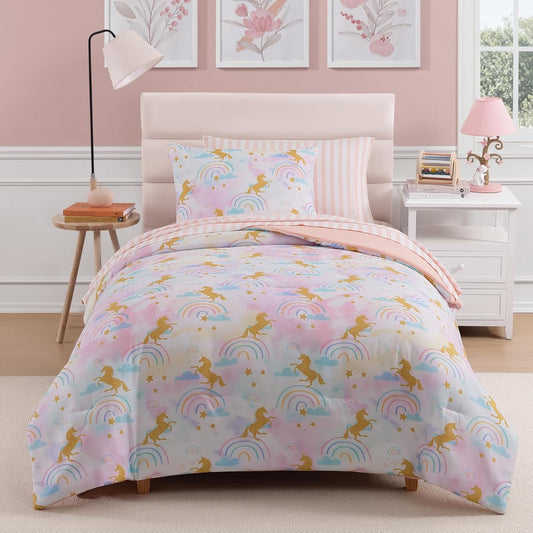 Twin Comforter Set with Sheets for Girls-5 Pieces Twin Bedding Sets with Pink Comforter, Sheets, Pillowcase & Sham for Kids (Gold Unicorn, 66" X 86")